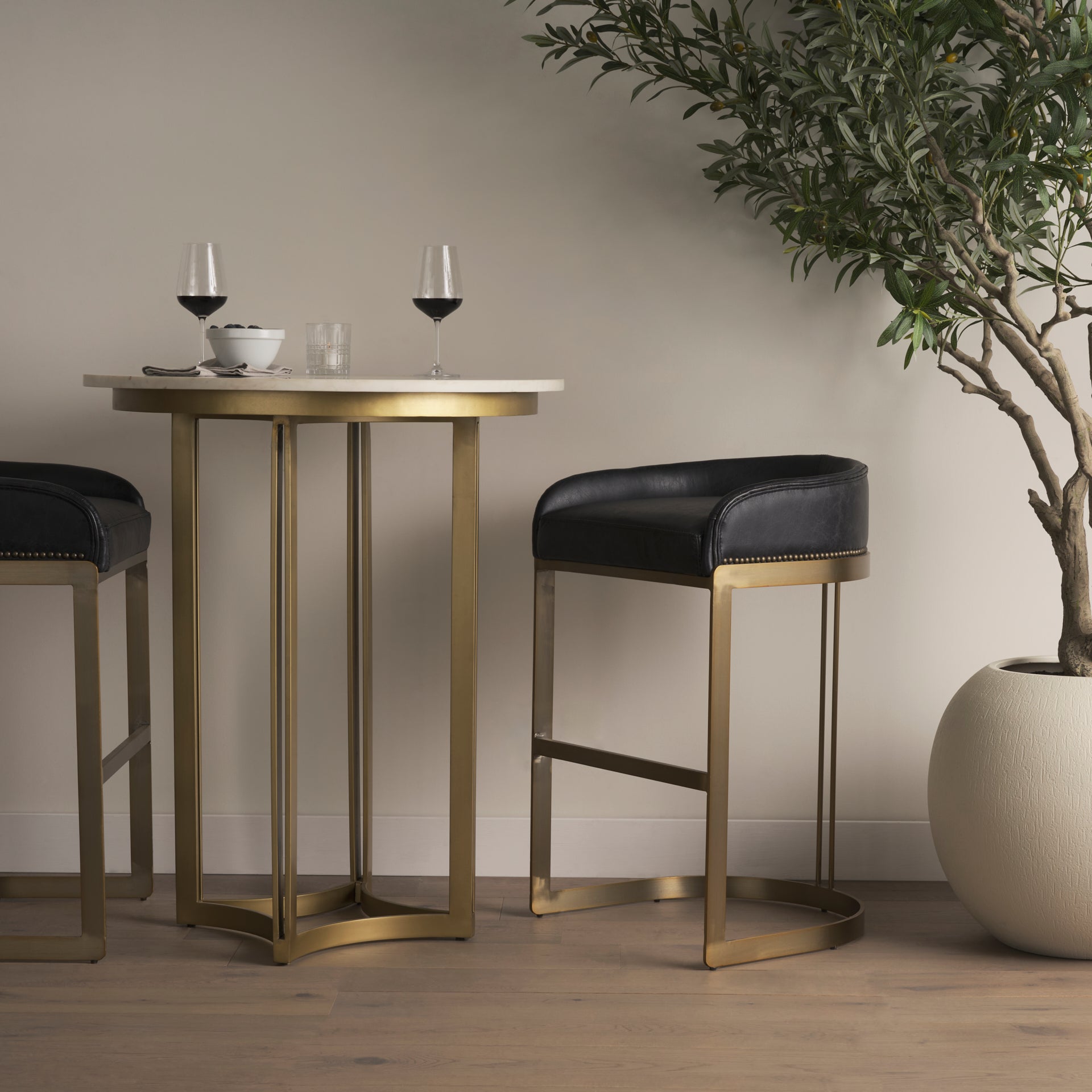 Hollyfield II Black Leather Seat Gold Metal Base Bar Stool - Central Designs