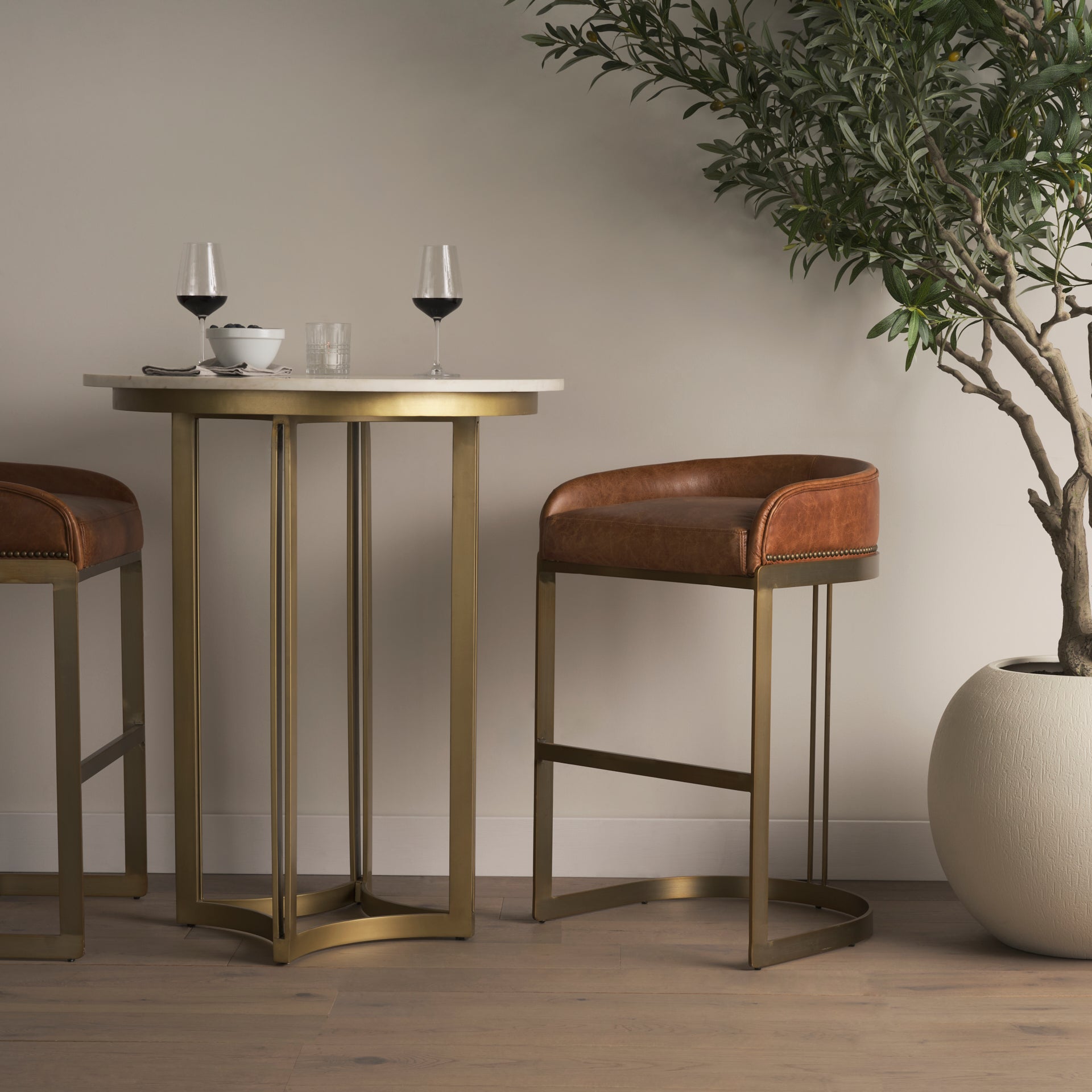Hollyfield II Brown Leather Seat Gold Metal Base Bar Stool - Central Designs