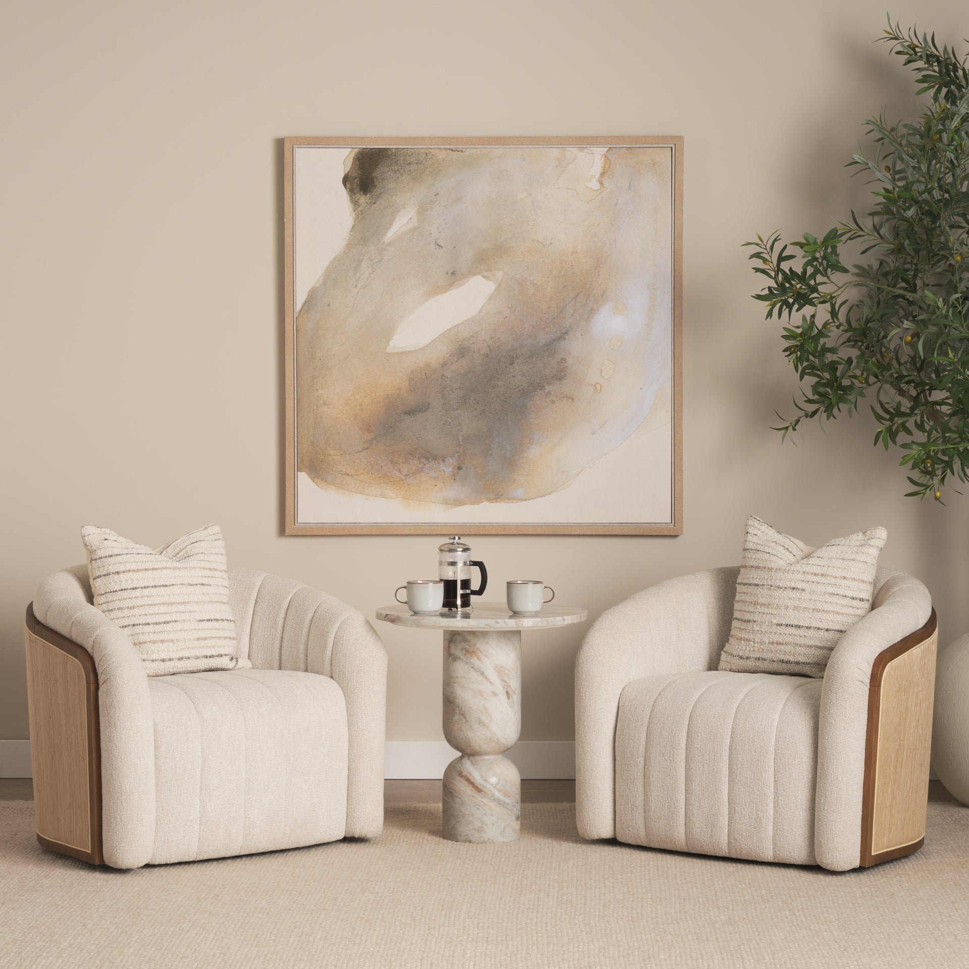 Fonda Cream Fabric w/ Natural Jute Swivel Accent Chair