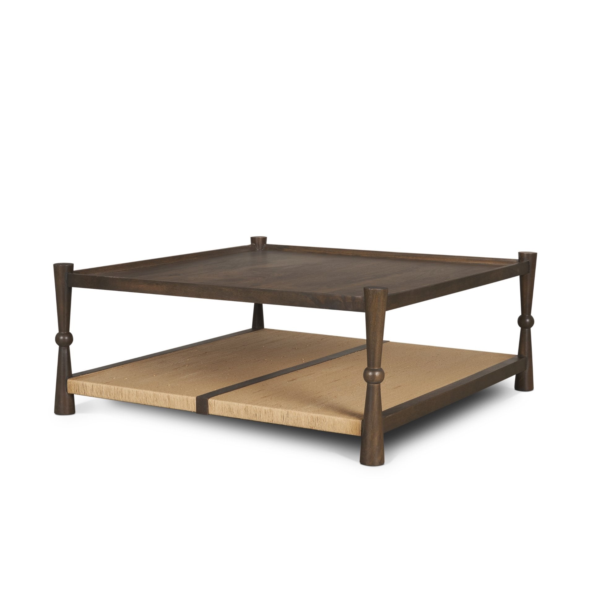 Bondi 42" Dark Brown Wood w/ Paper Rope Shelf Square Coffee Table - Central Designs