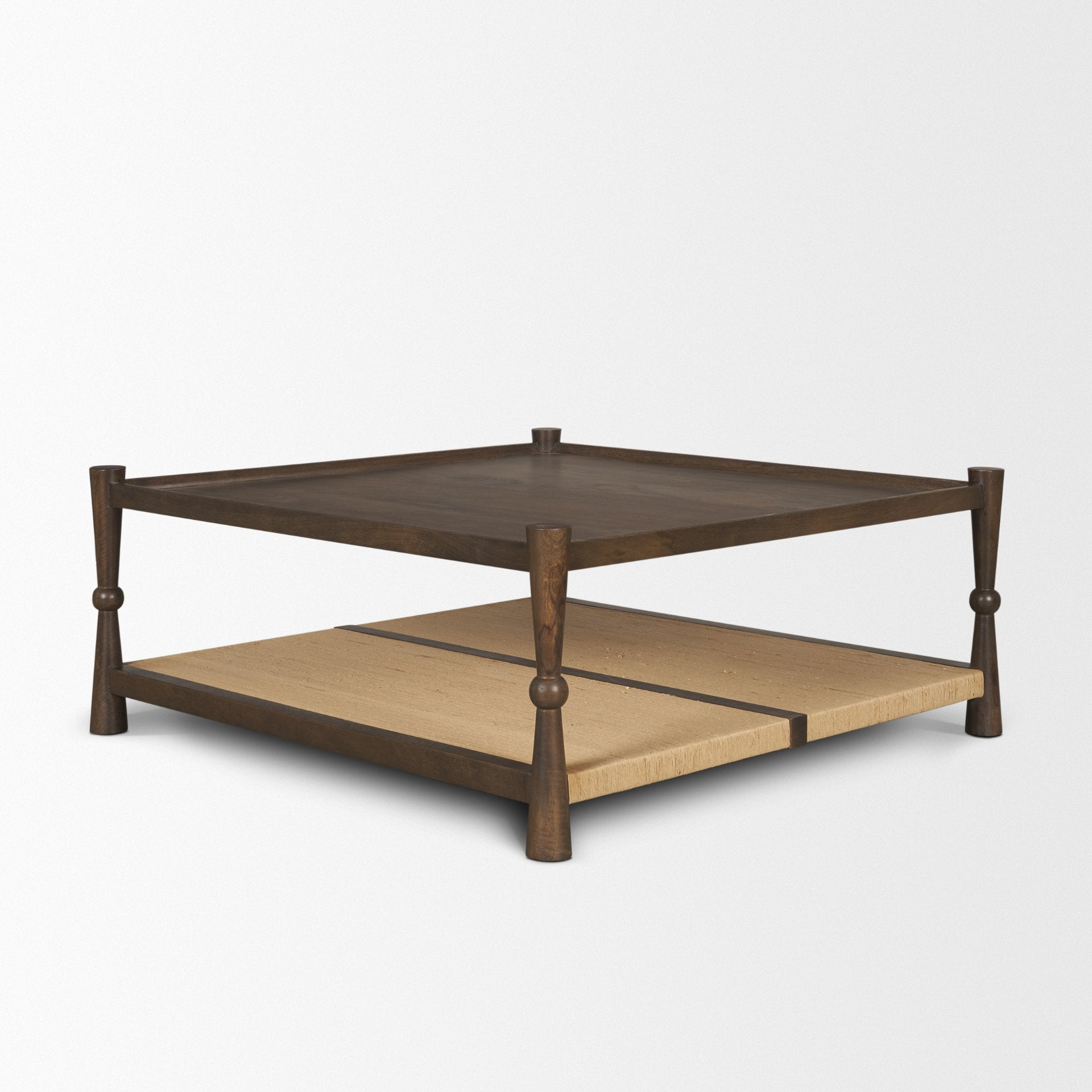 Bondi 42" Dark Brown Wood w/ Paper Rope Shelf Square Coffee Table - Central Designs