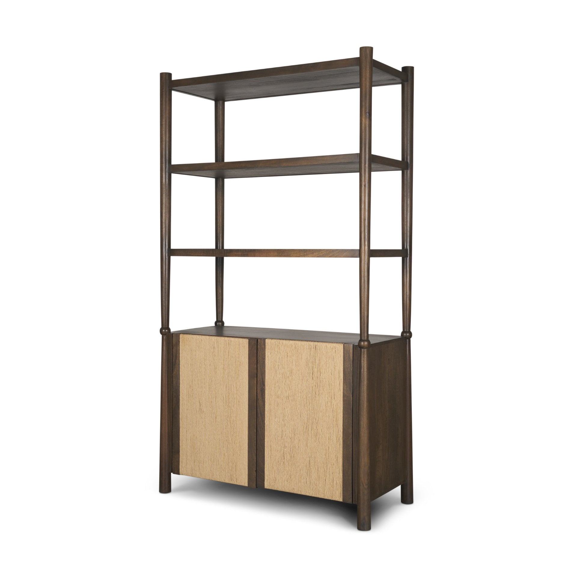 Bondi 2 Door Open Dark Brown Wood w/ Paper Rope Shelving Unit - Central Designs