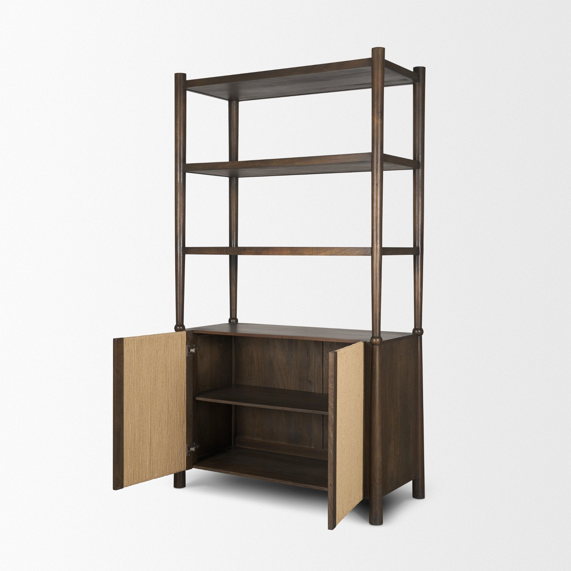 Bondi 2 Door Open Dark Brown Wood w/ Paper Rope Shelving Unit - Central Designs