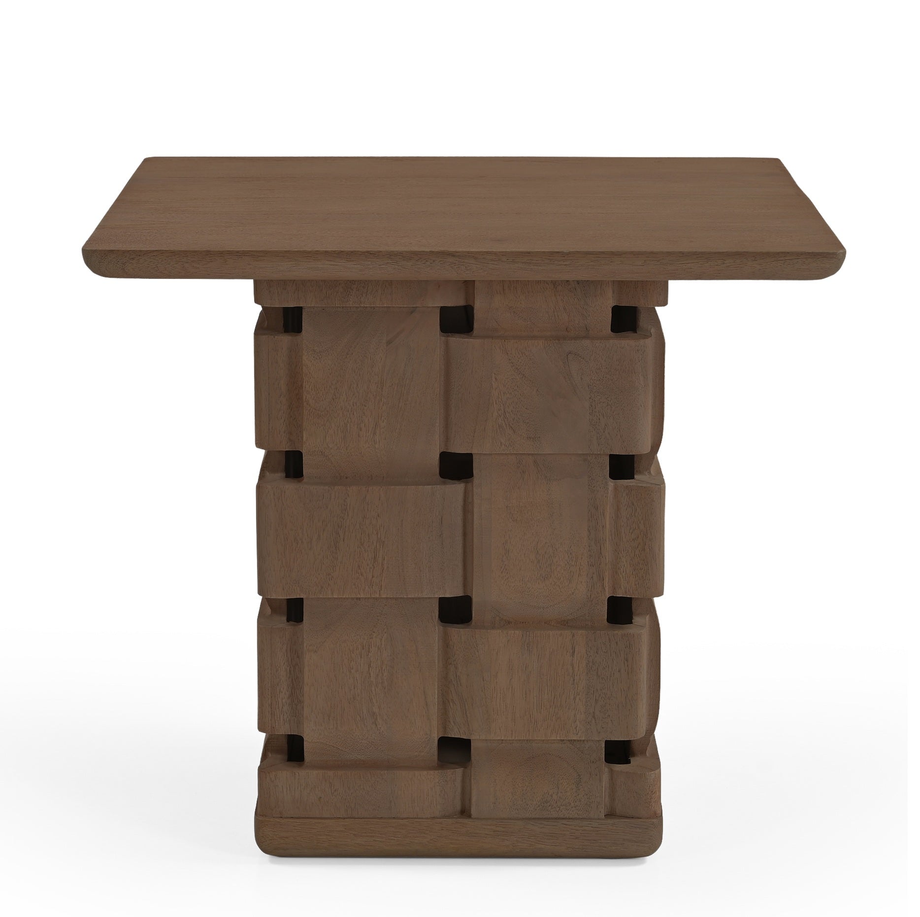 Trellyn Dark Brown Wood w/ Carved Woven Base Square Accent Table - Central Designs