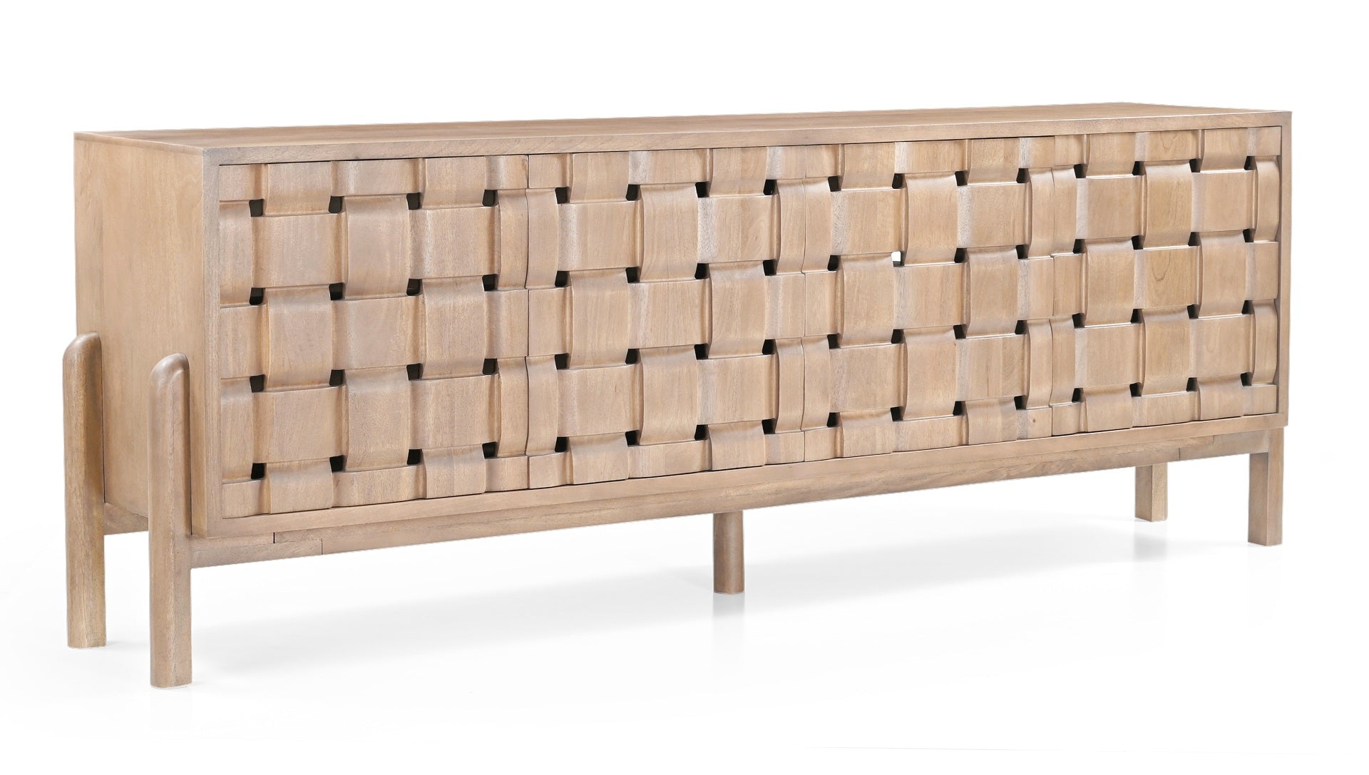 Trellyn Light Brown Solid Wood 4 - Door Sideboard with Carved Woven Doors - Central Designs