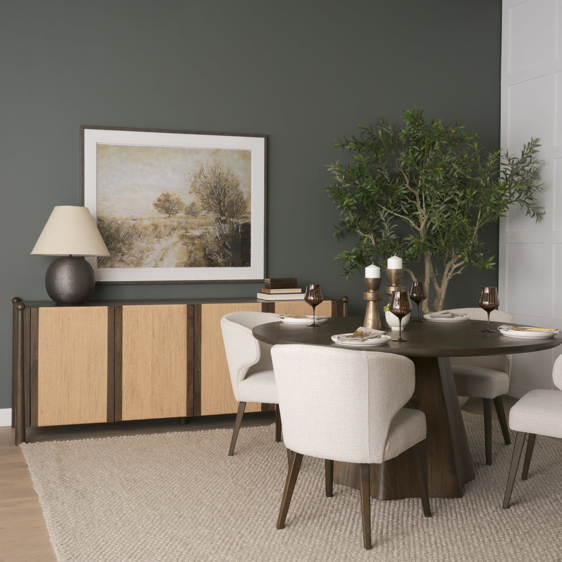 Bondi 85" Dark Brown Wood w/ Paper Rope 4 Door Closed Sideboard - Central Designs