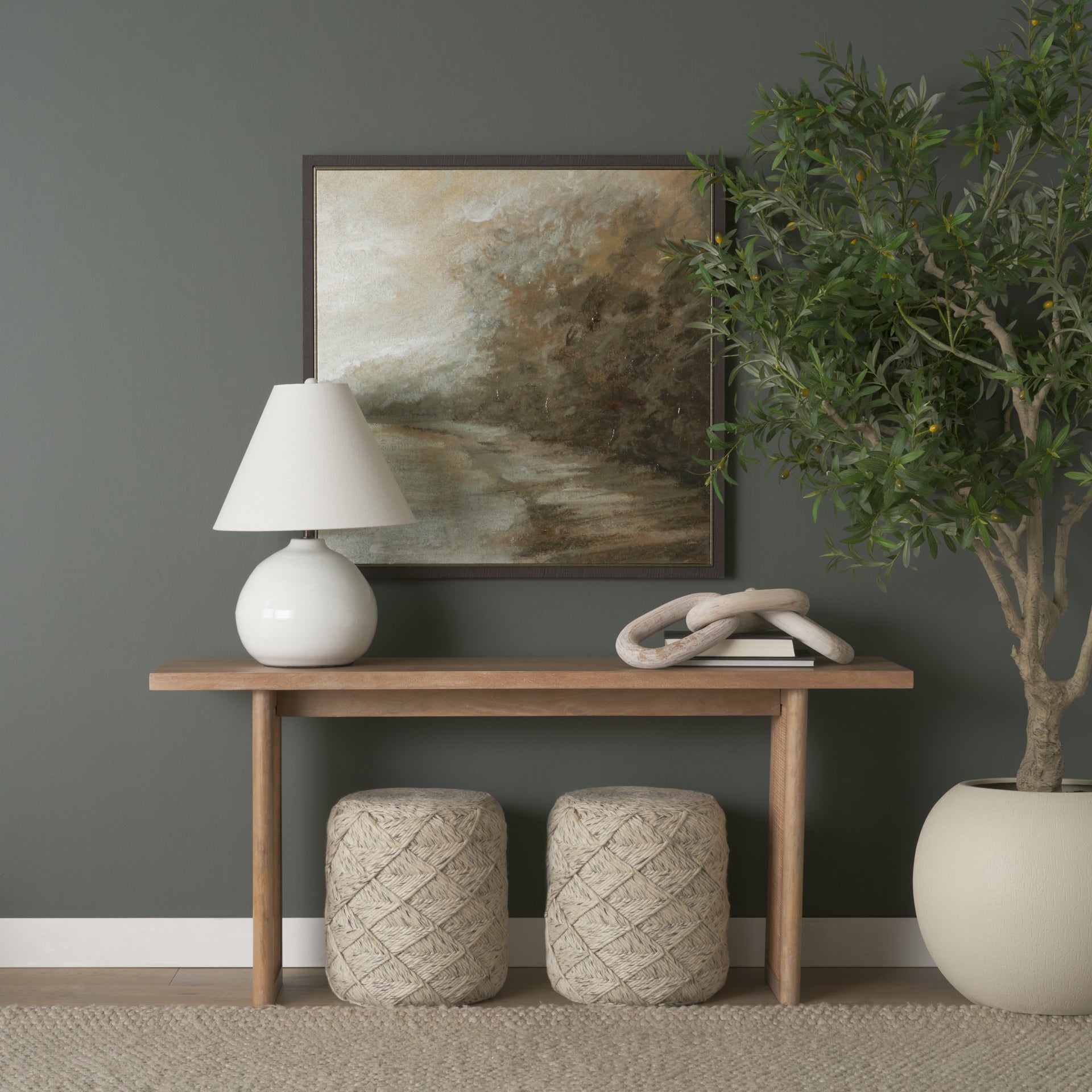 Esfera 17.7L x 15.7W x 15.7H Beige Chevron Woven Round Pouf - Central Designs