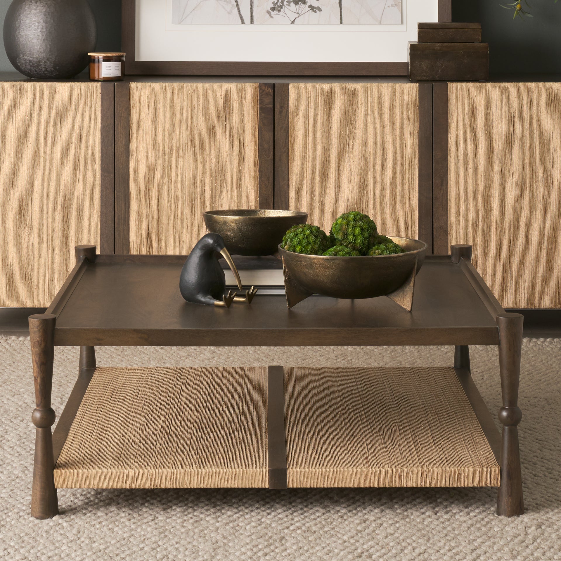 Bondi 42" Dark Brown Wood w/ Paper Rope Shelf Square Coffee Table - Central Designs