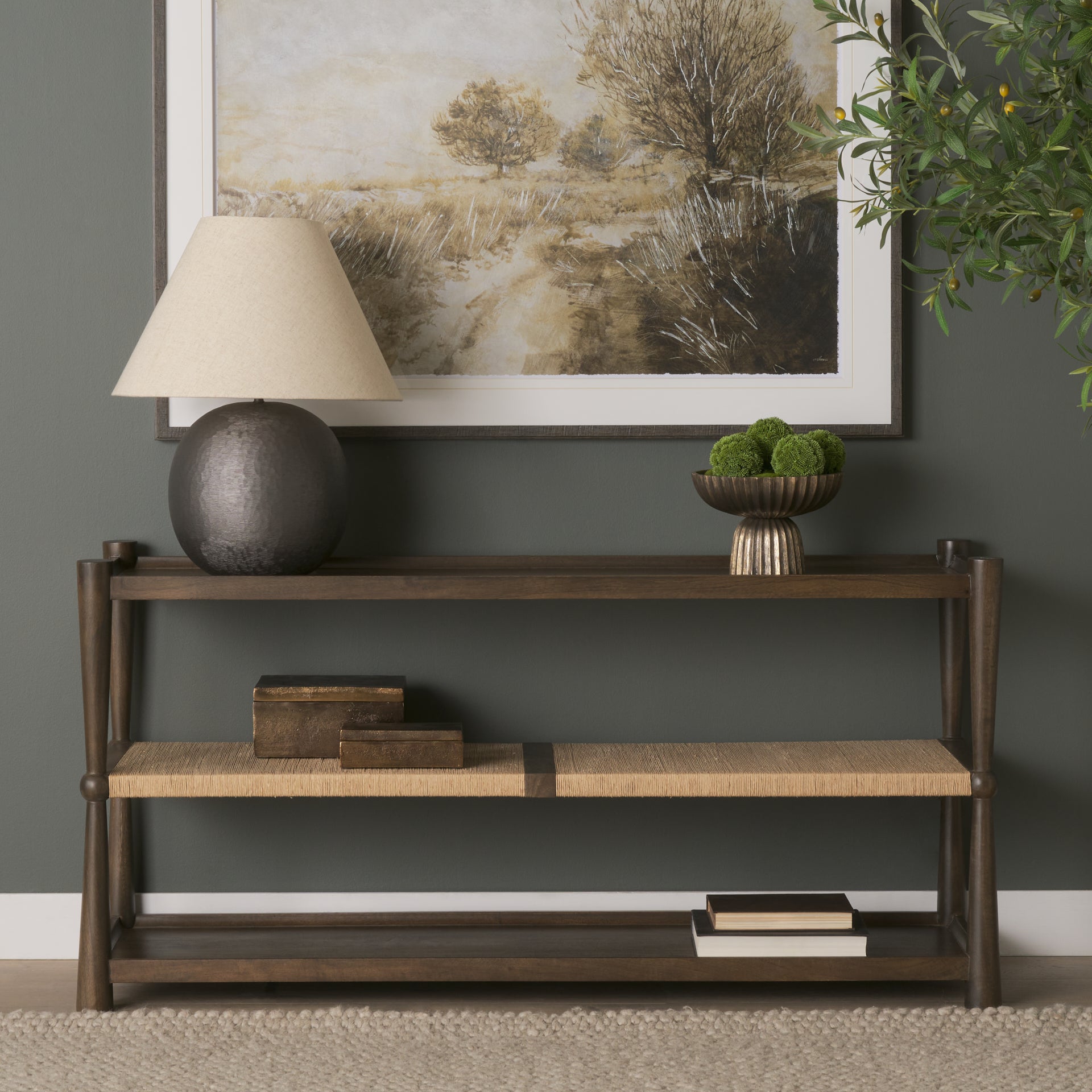 Bondi Dark Brown Wood w/ Paper Rope Shelf Console Table - Central Designs