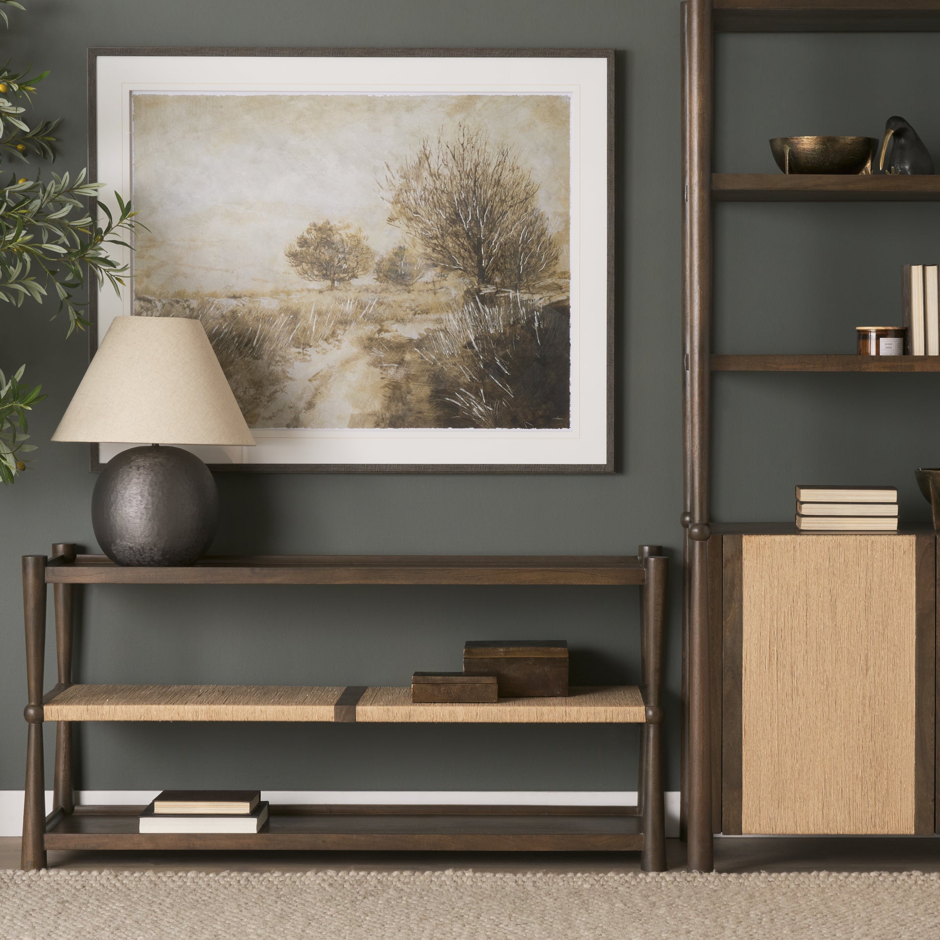 Bondi Dark Brown Wood w/ Paper Rope Shelf Console Table - Central Designs