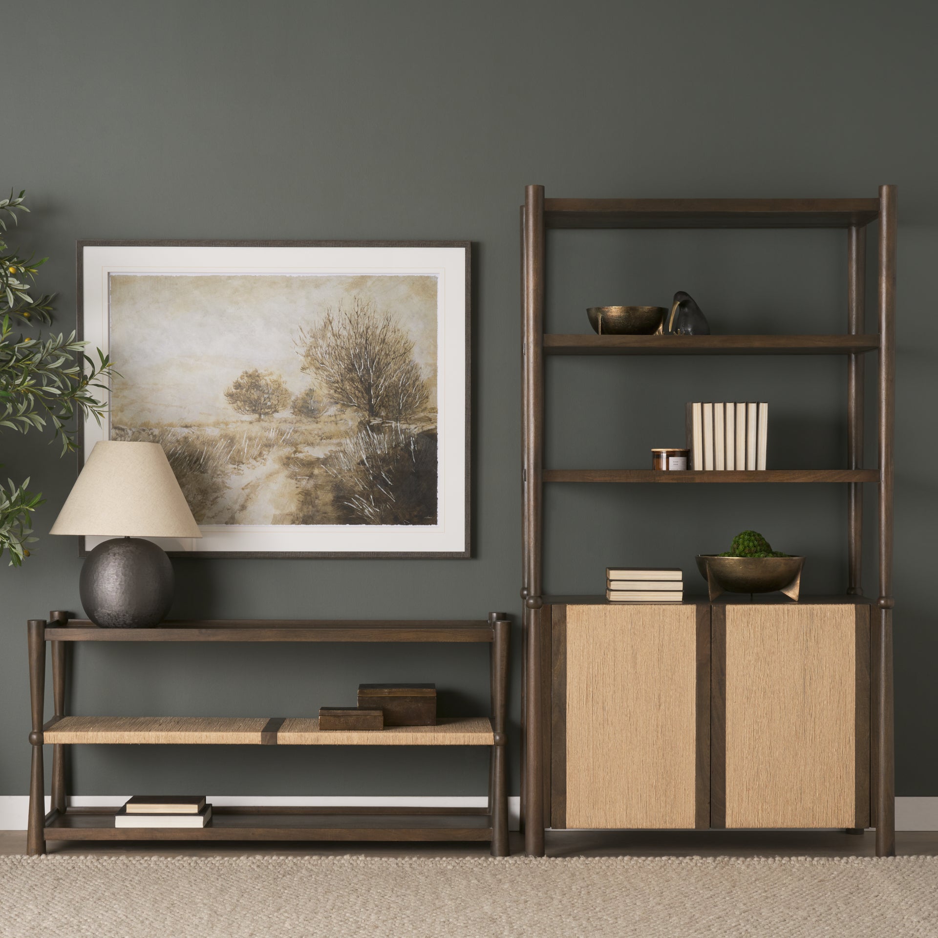 Bondi 2 Door Open Dark Brown Wood w/ Paper Rope Shelving Unit - Central Designs