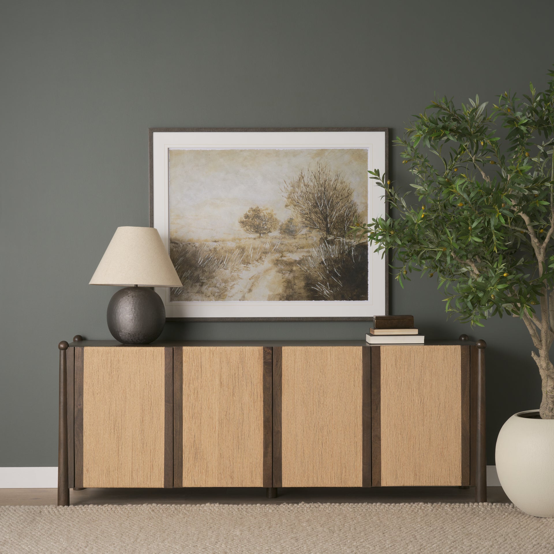 Bondi 85" Dark Brown Wood w/ Paper Rope 4 Door Closed Sideboard - Central Designs
