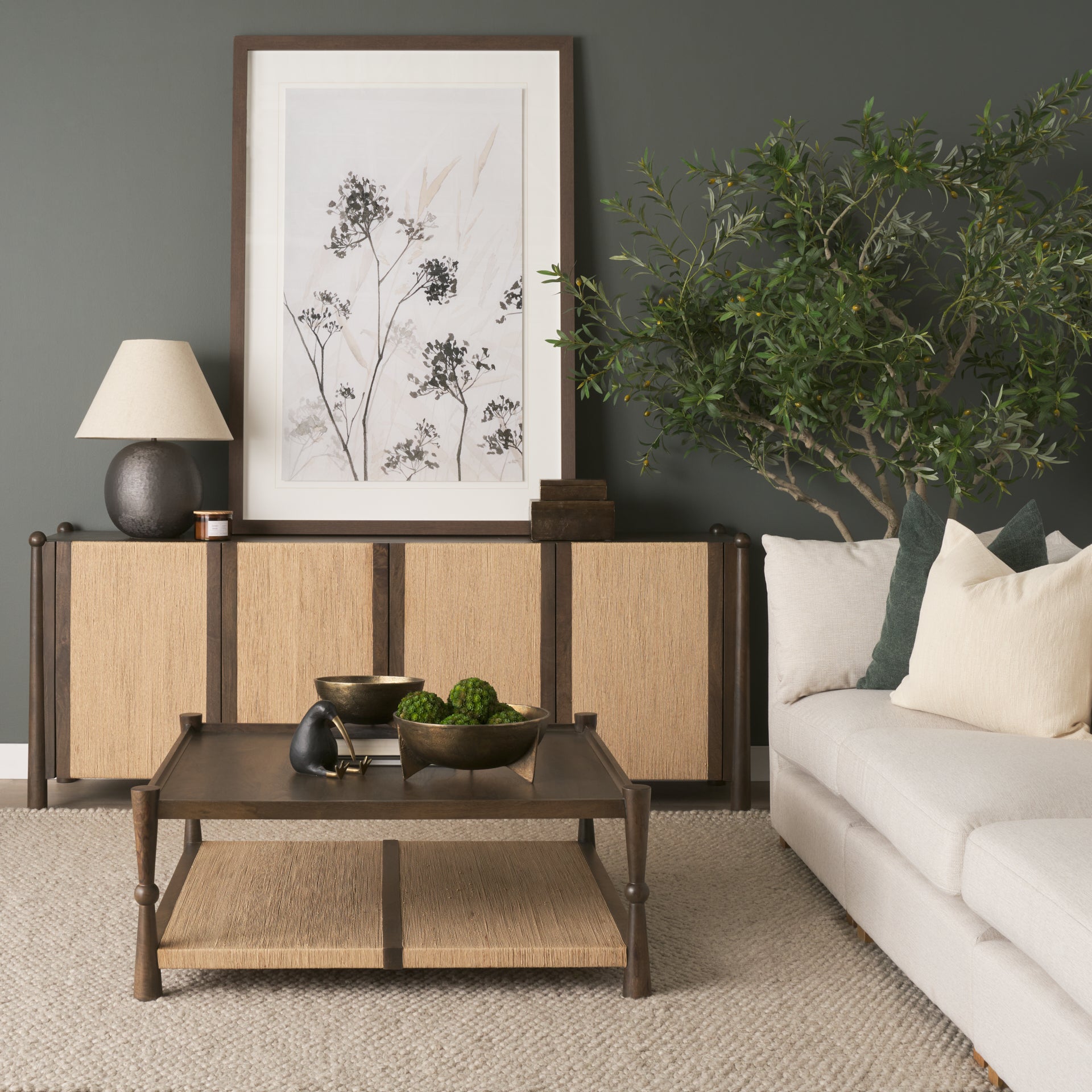 Bondi 85" Dark Brown Wood w/ Paper Rope 4 Door Closed Sideboard - Central Designs