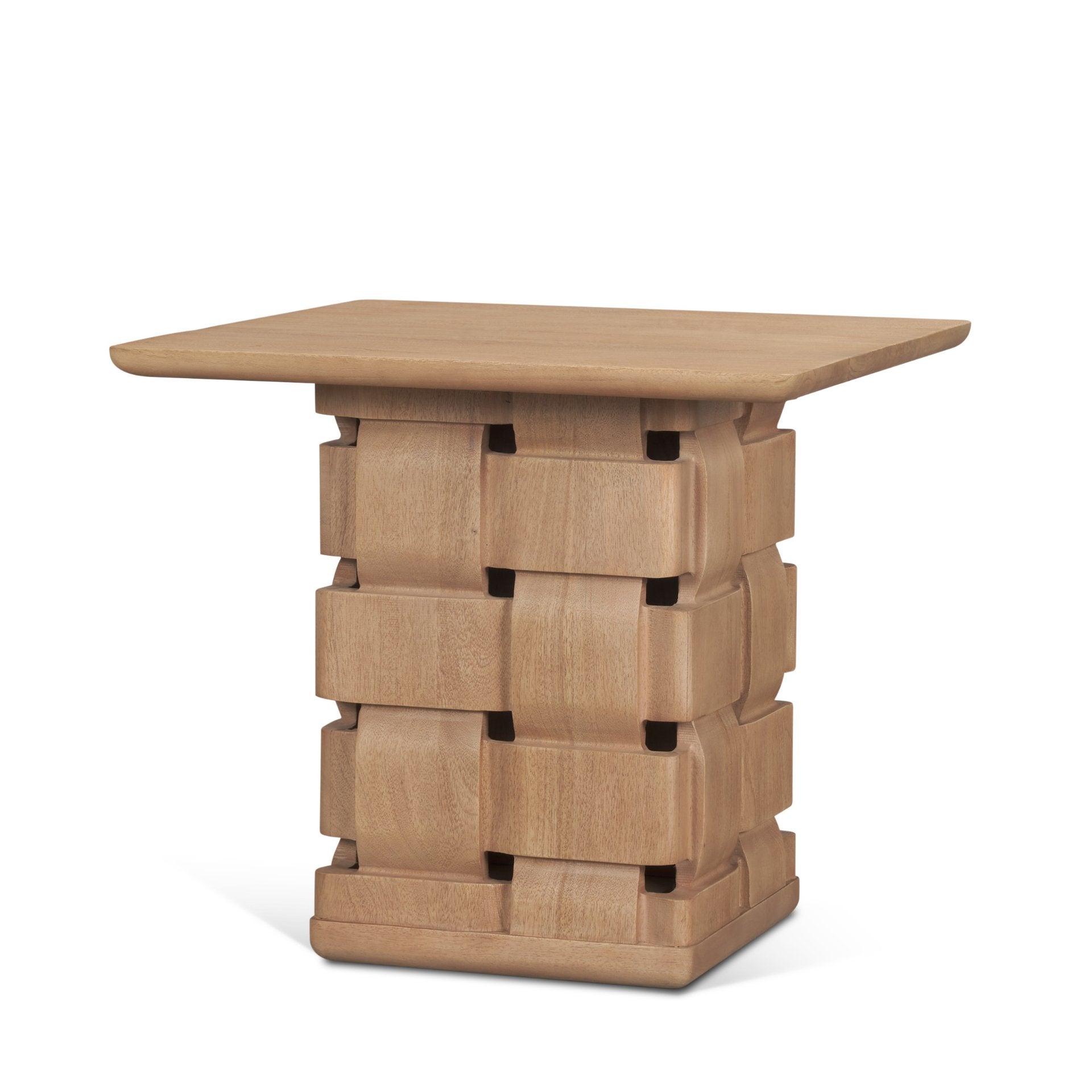 Trellyn Light Brown Wood w/ Carved Woven Base Square Accent Table - Central Designs