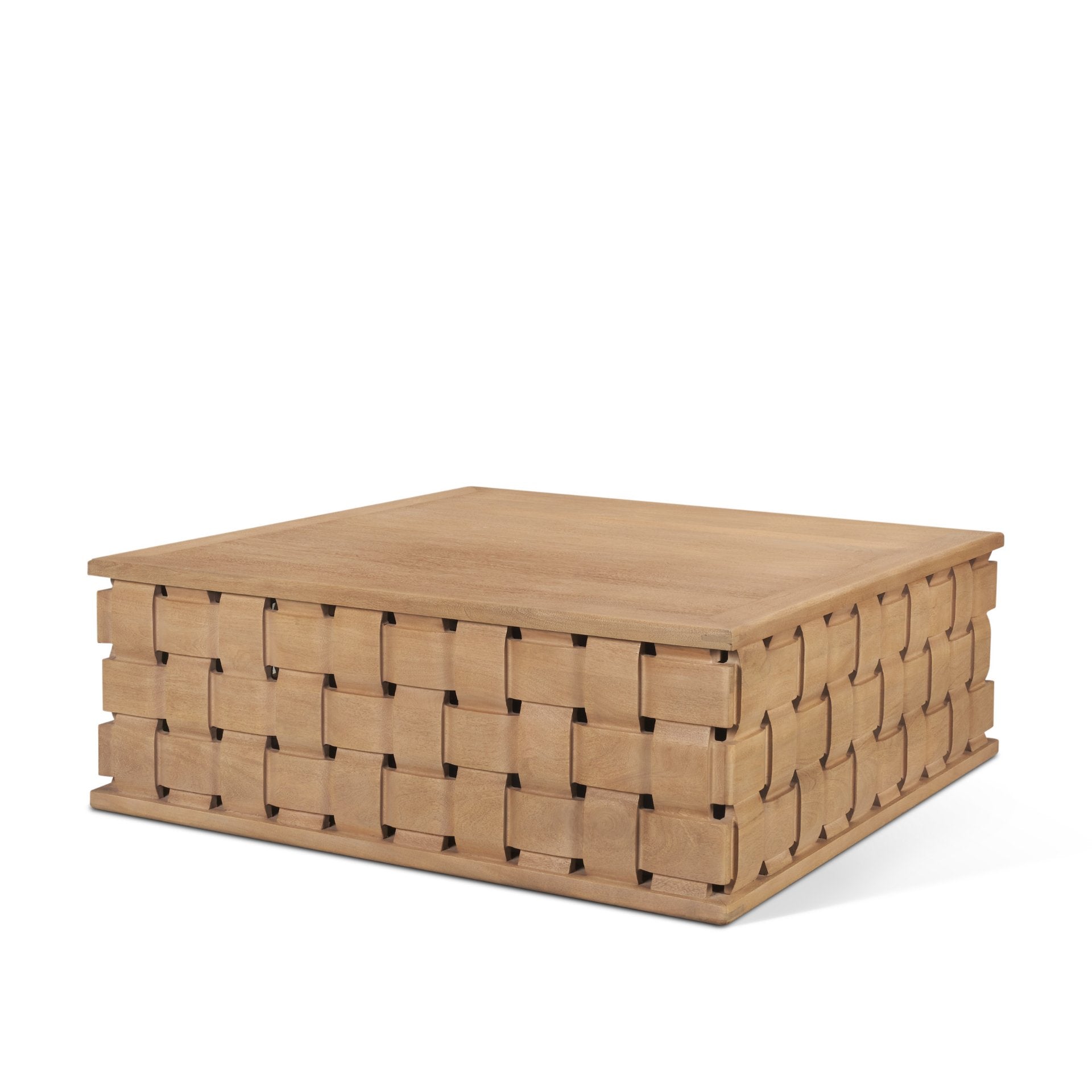 Trellyn 48" Light Brown Wood w/ Carved Woven Base Square Coffee Table - Central Designs