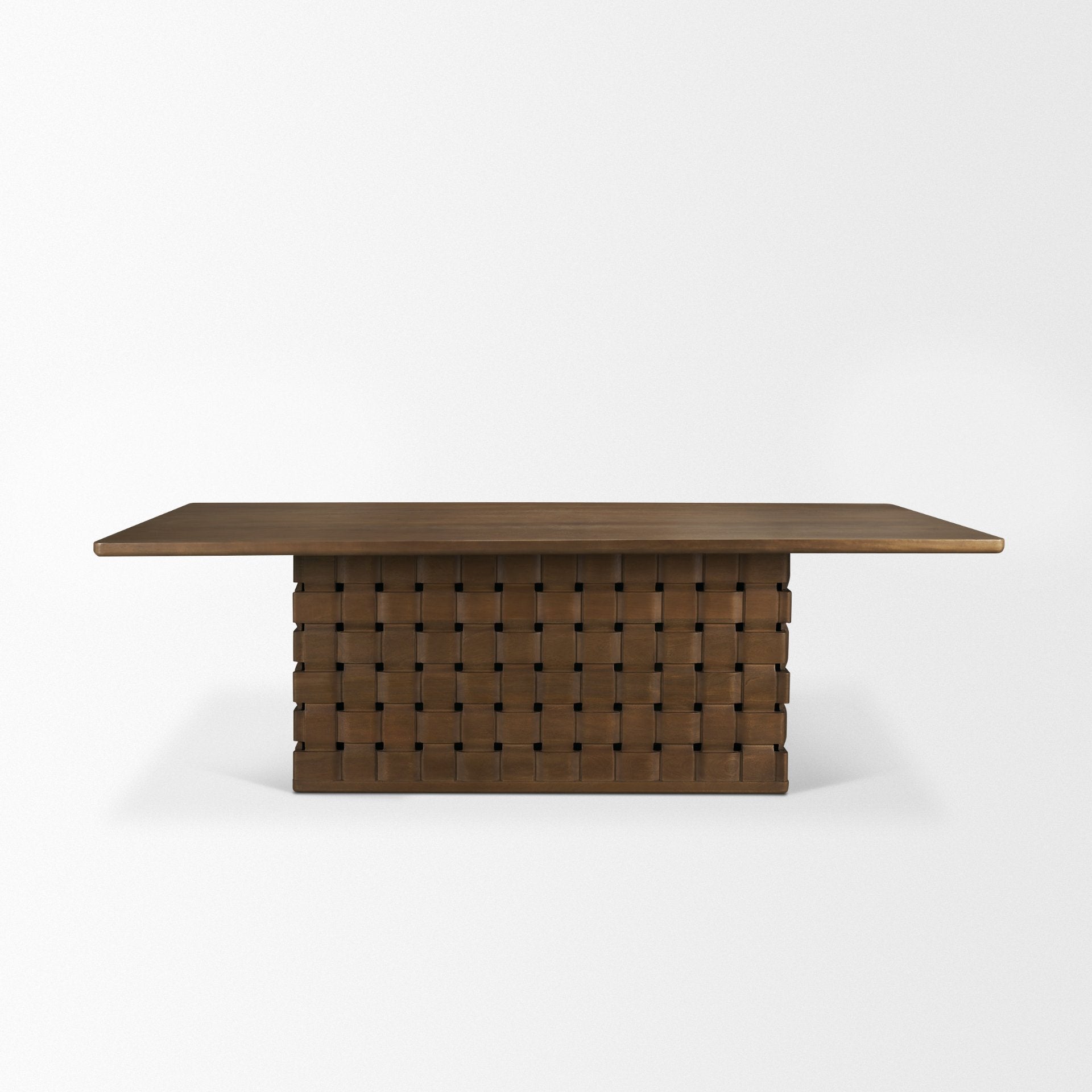 Trellyn 94" Dark Brown Solid Wood Carved Woven Base Rectangular Dining Table - Central Designs