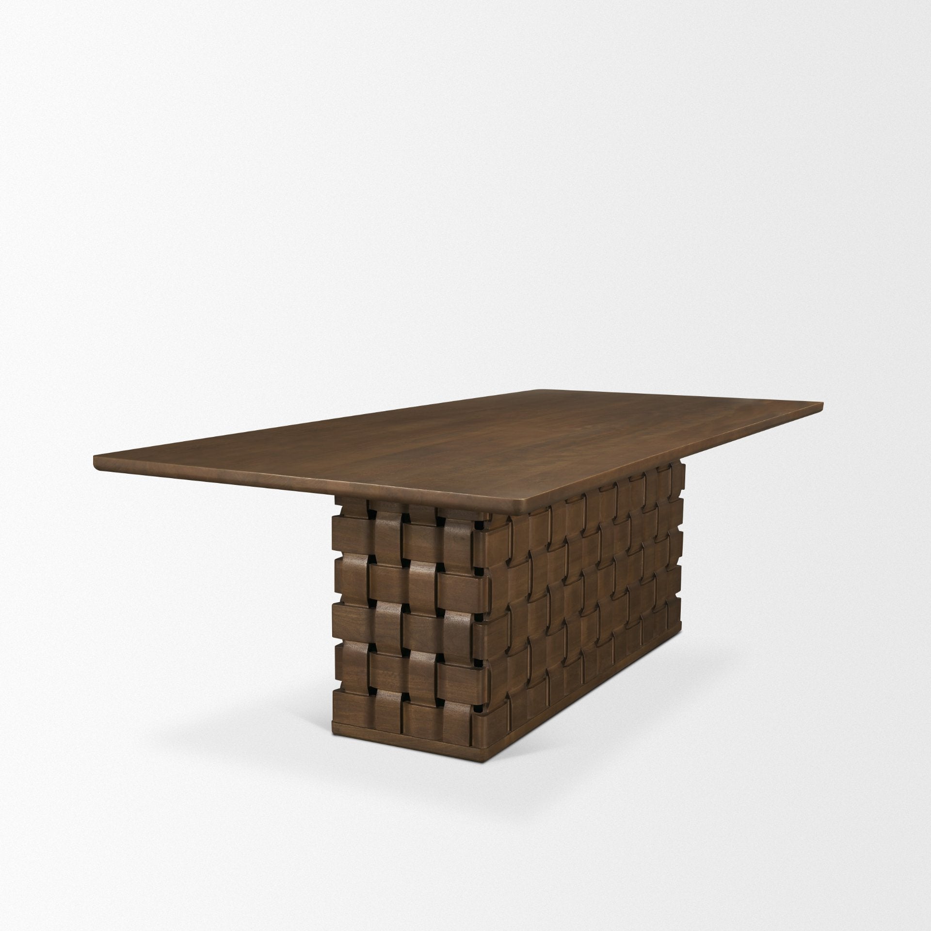 Trellyn 94" Dark Brown Solid Wood Carved Woven Base Rectangular Dining Table - Central Designs