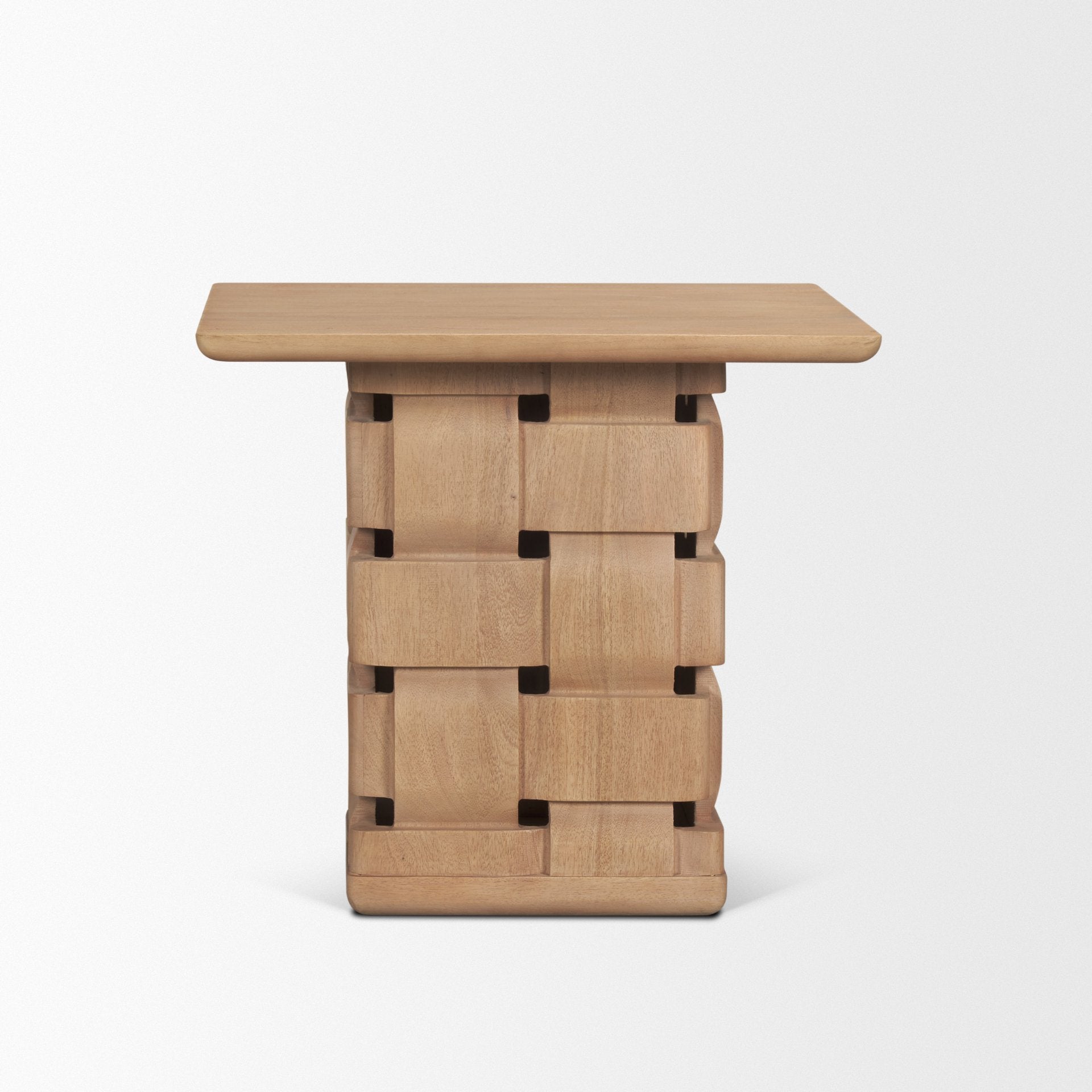 Trellyn Light Brown Wood w/ Carved Woven Base Square Accent Table - Central Designs