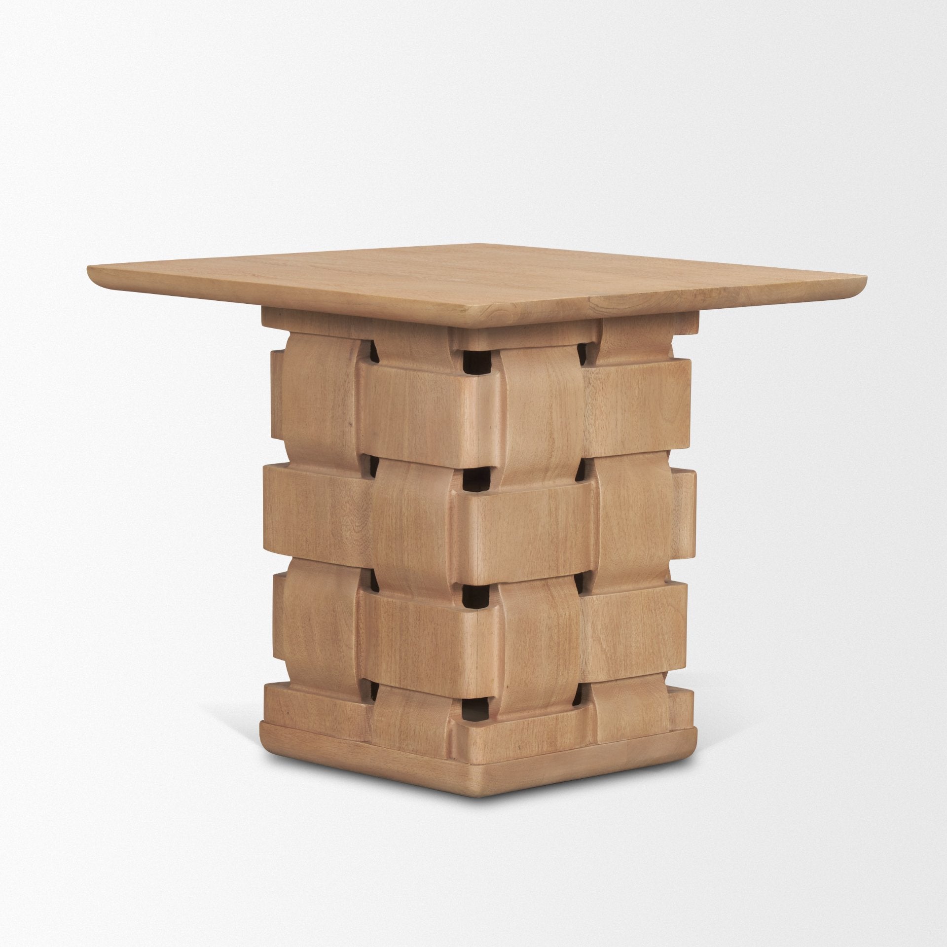 Trellyn Light Brown Wood w/ Carved Woven Base Square Accent Table - Central Designs