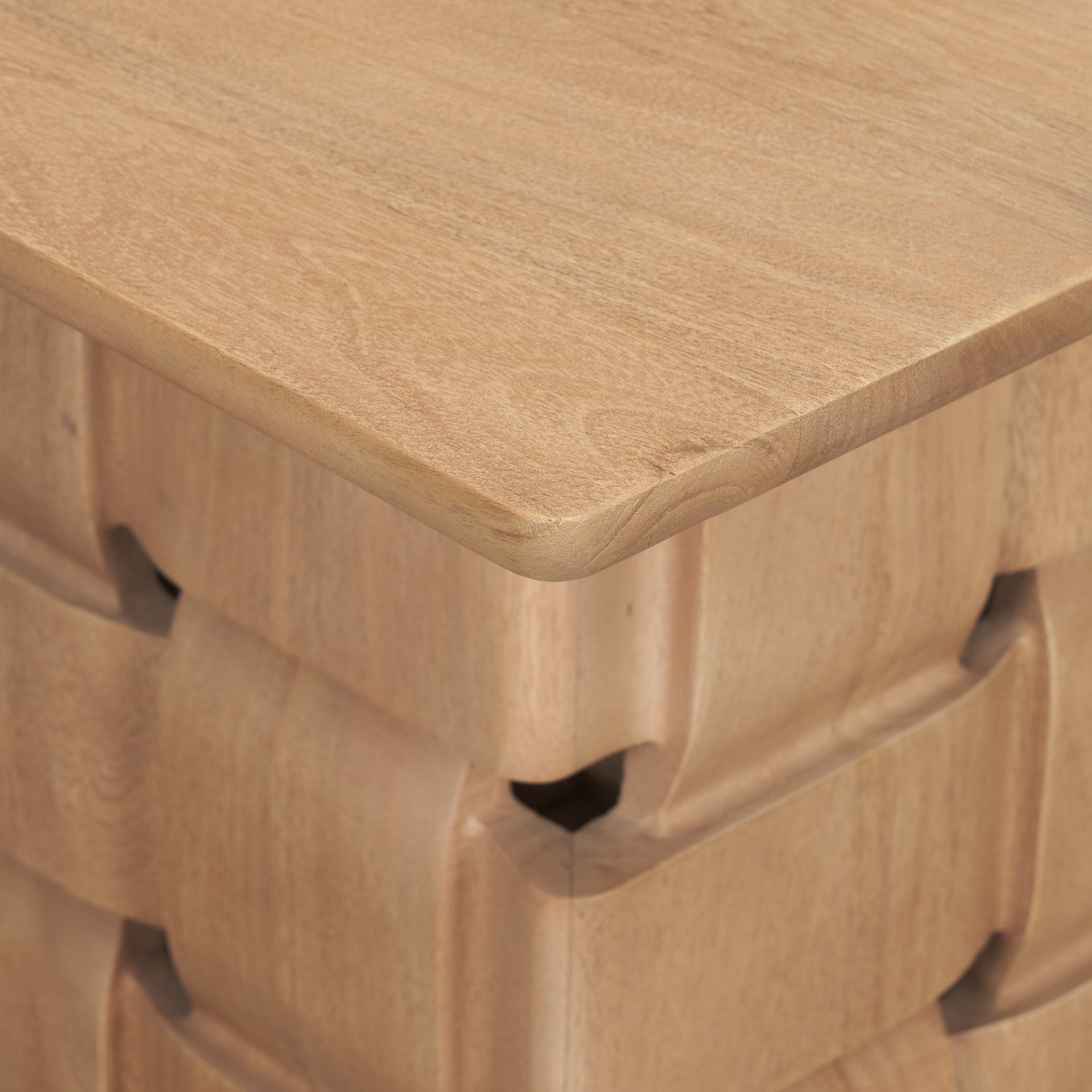 Trellyn Light Brown Wood w/ Carved Woven Base Square Accent Table - Central Designs