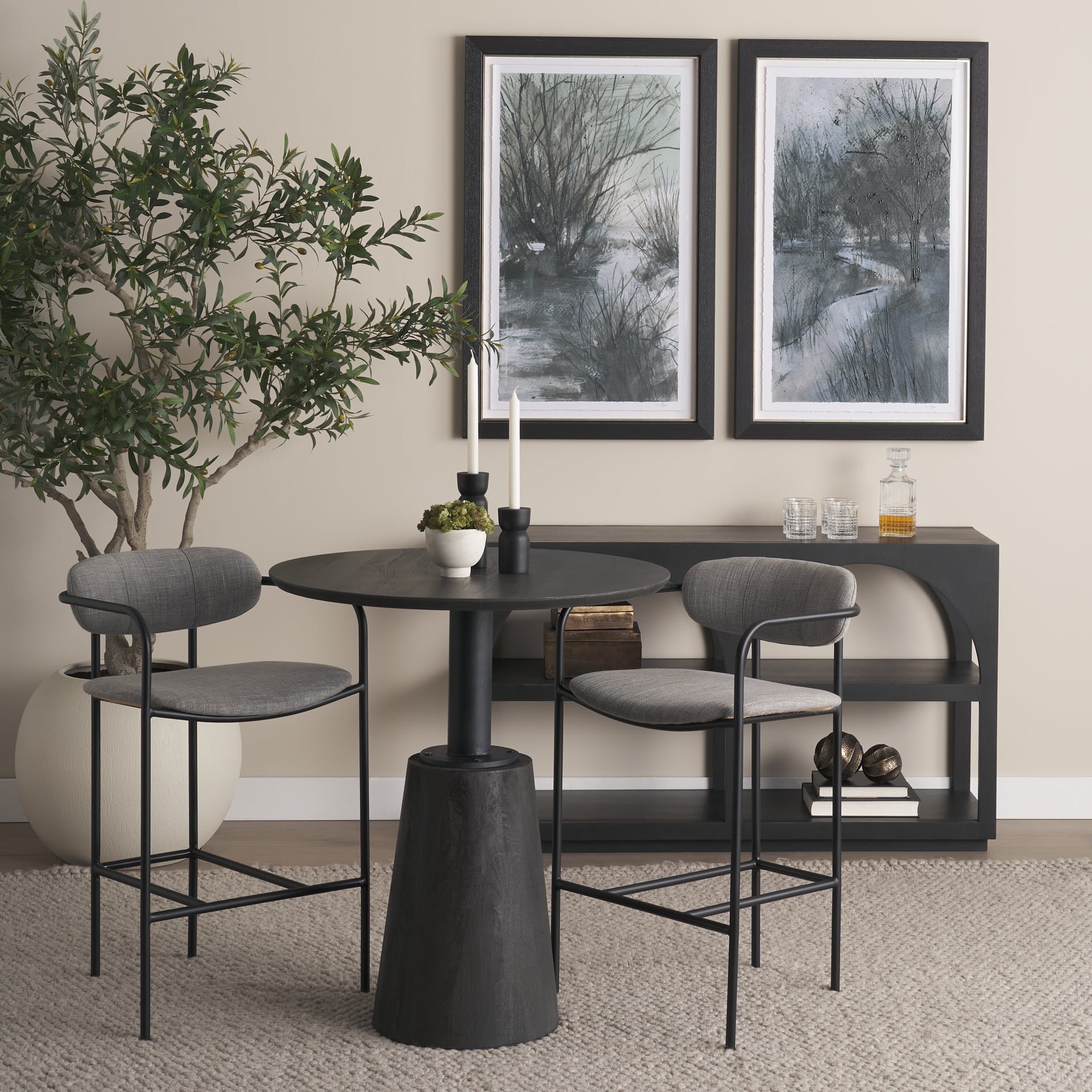Maxwell 32" Round Black - Brown Wood w/ Black Metal Pedestal Bistro Table - Central Designs