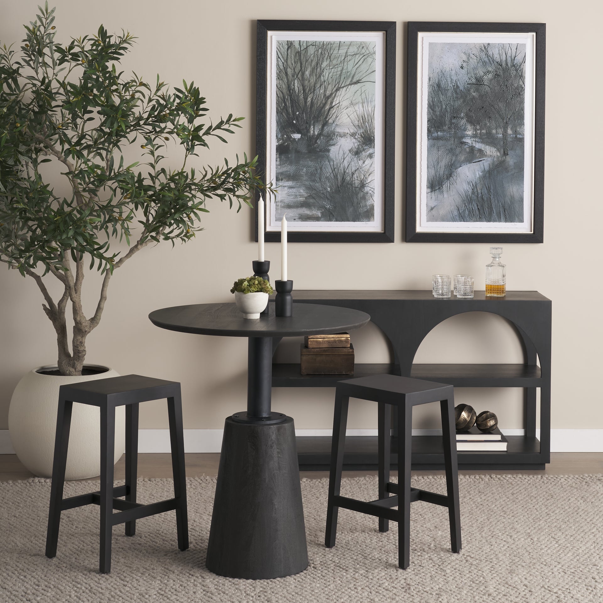 Maxwell 32" Round Black - Brown Wood w/ Black Metal Pedestal Bistro Table - Central Designs