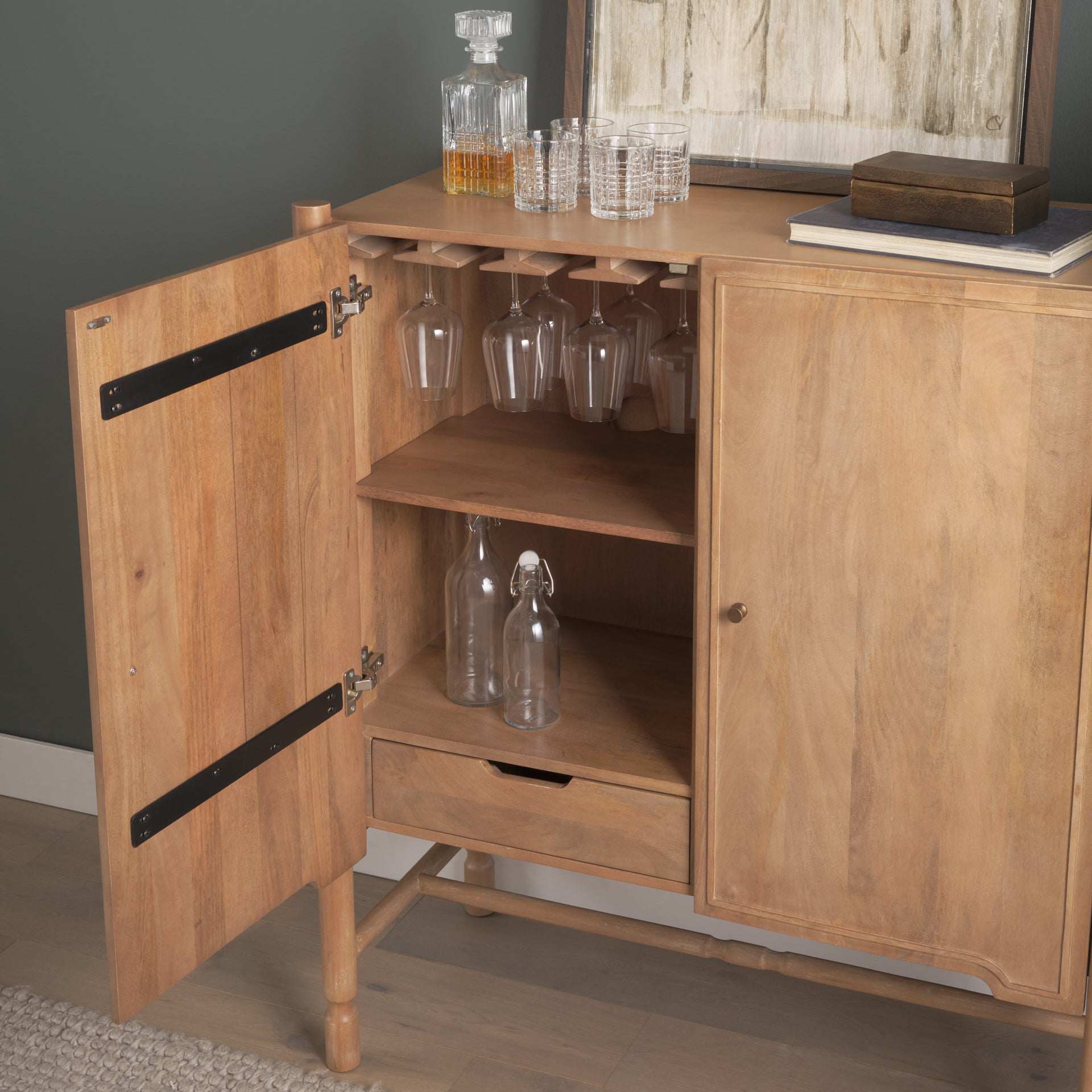 Phil Light Brown Wood 2 Door Bar Cabinet - Central Designs