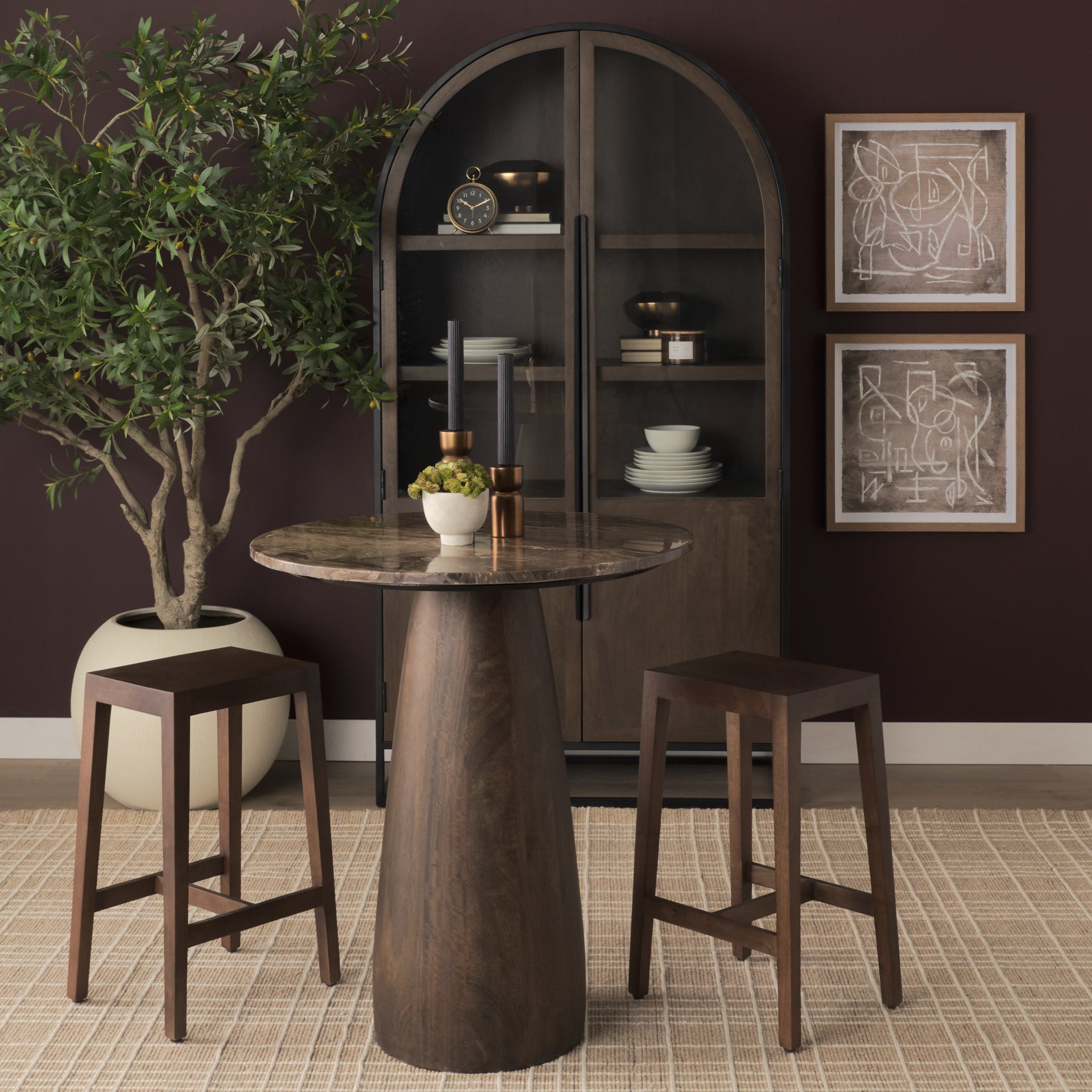 Allyson 32" Round Dark Brown wood w/ Cappuccino Marble Top Bistro Table - Central Designs
