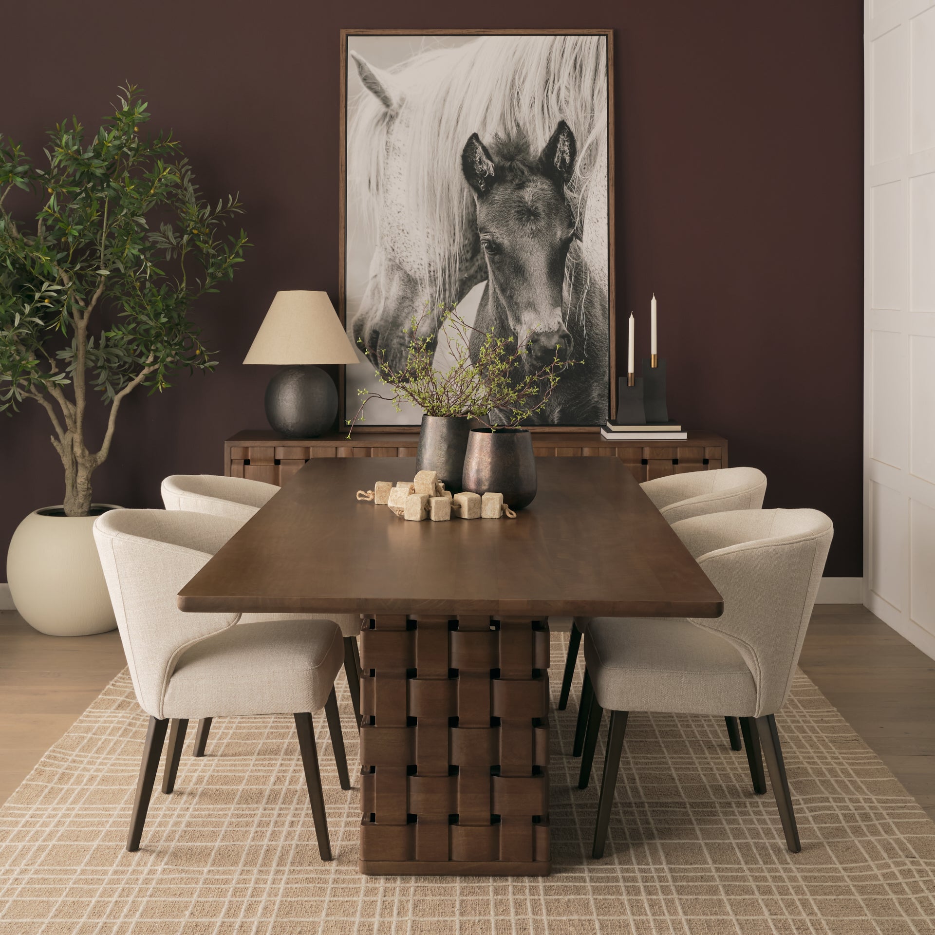 Trellyn 94" Dark Brown Solid Wood Carved Woven Base Rectangular Dining Table - Central Designs