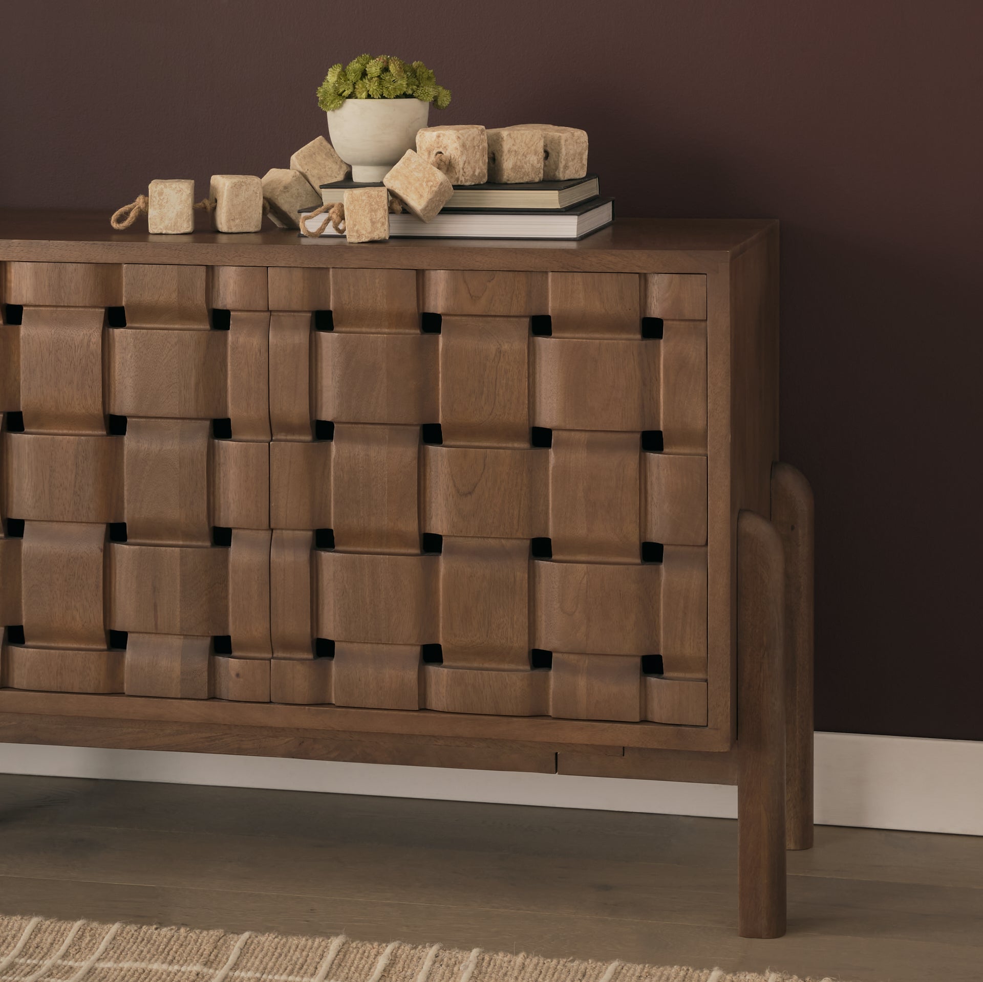 Trellyn Dark Brown Solid Wood 4 - Door w/ Carved Woven Doors Closed Sideboard - Central Designs