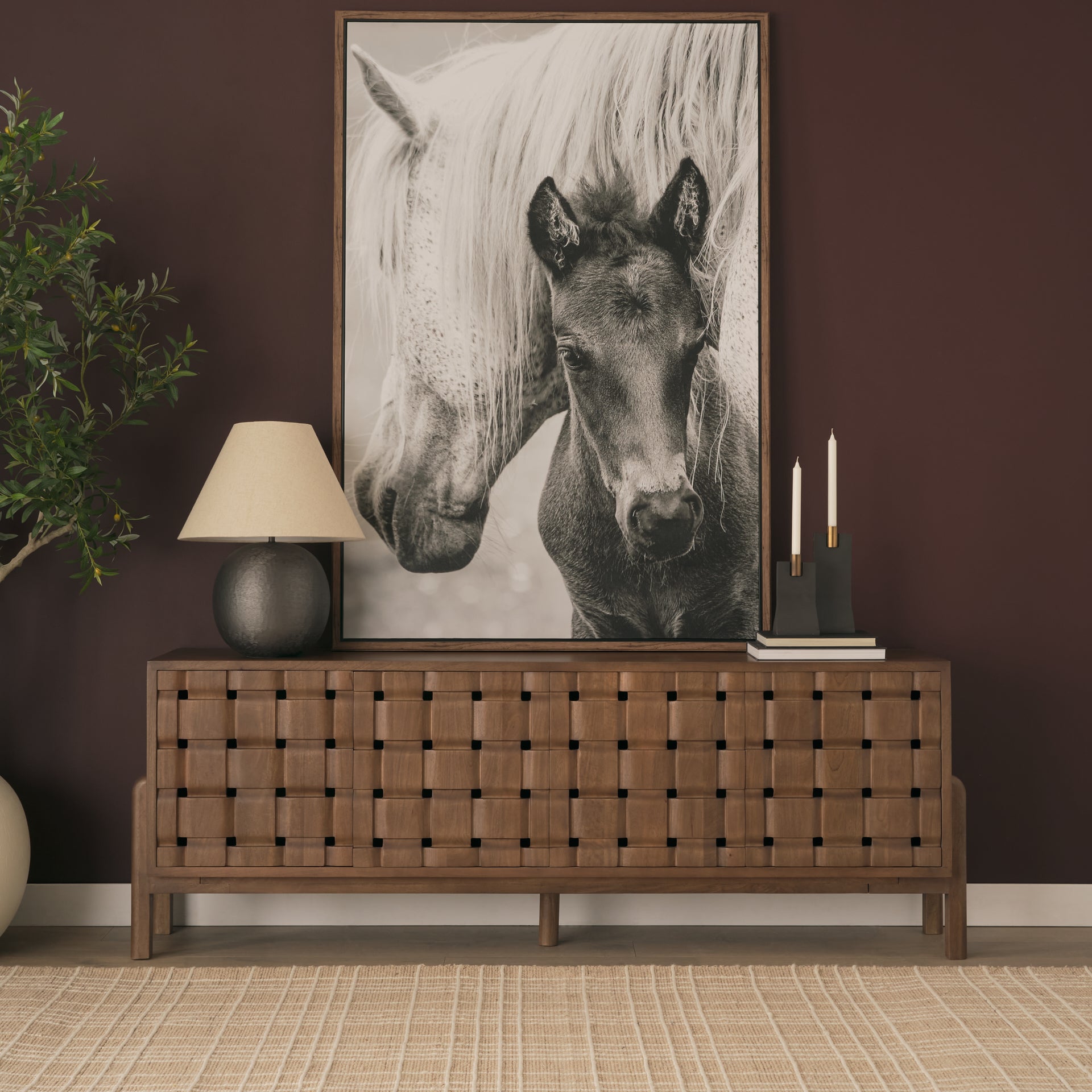 Trellyn Dark Brown Solid Wood 4 - Door w/ Carved Woven Doors Closed Sideboard - Central Designs