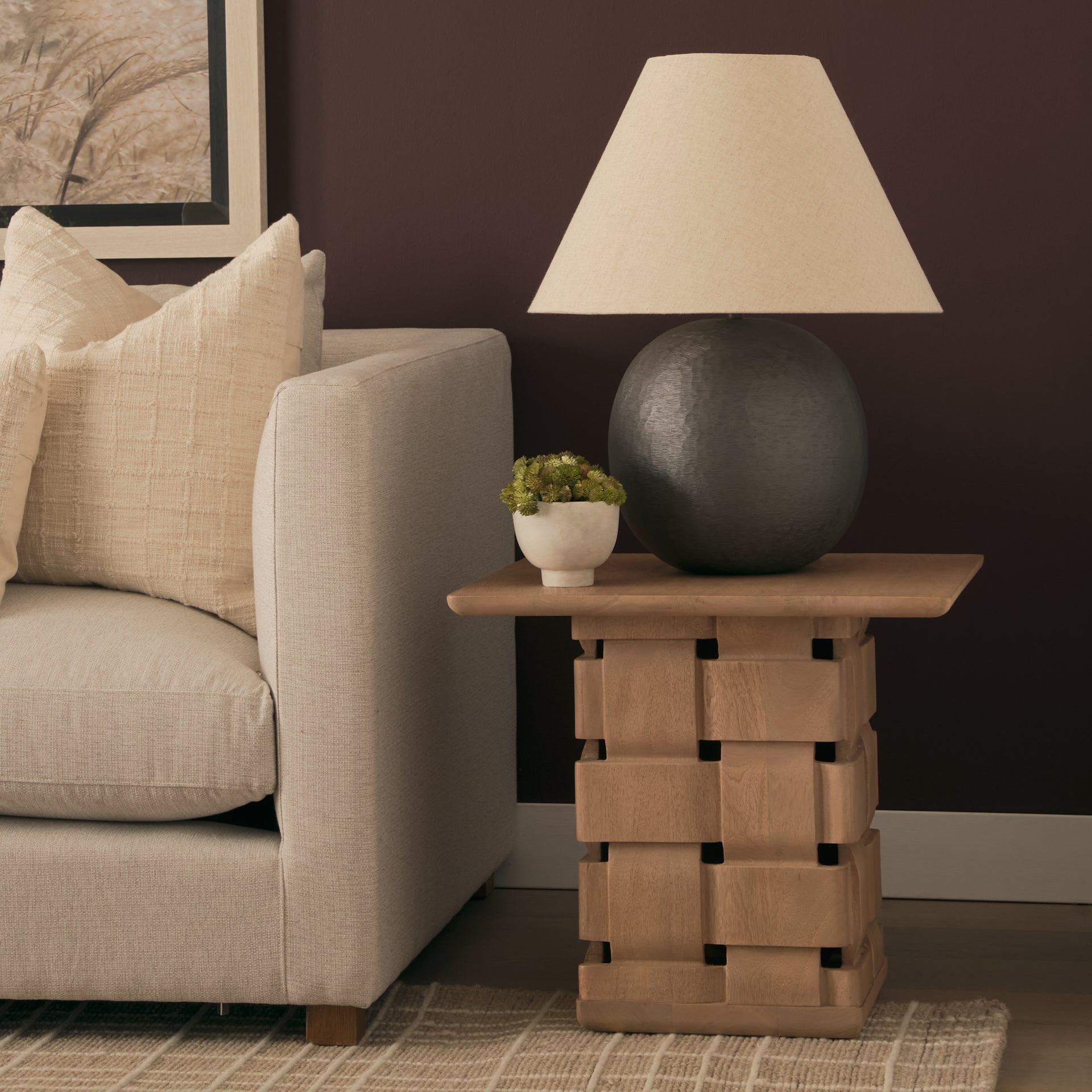 Trellyn Light Brown Wood w/ Carved Woven Base Square Accent Table - Central Designs