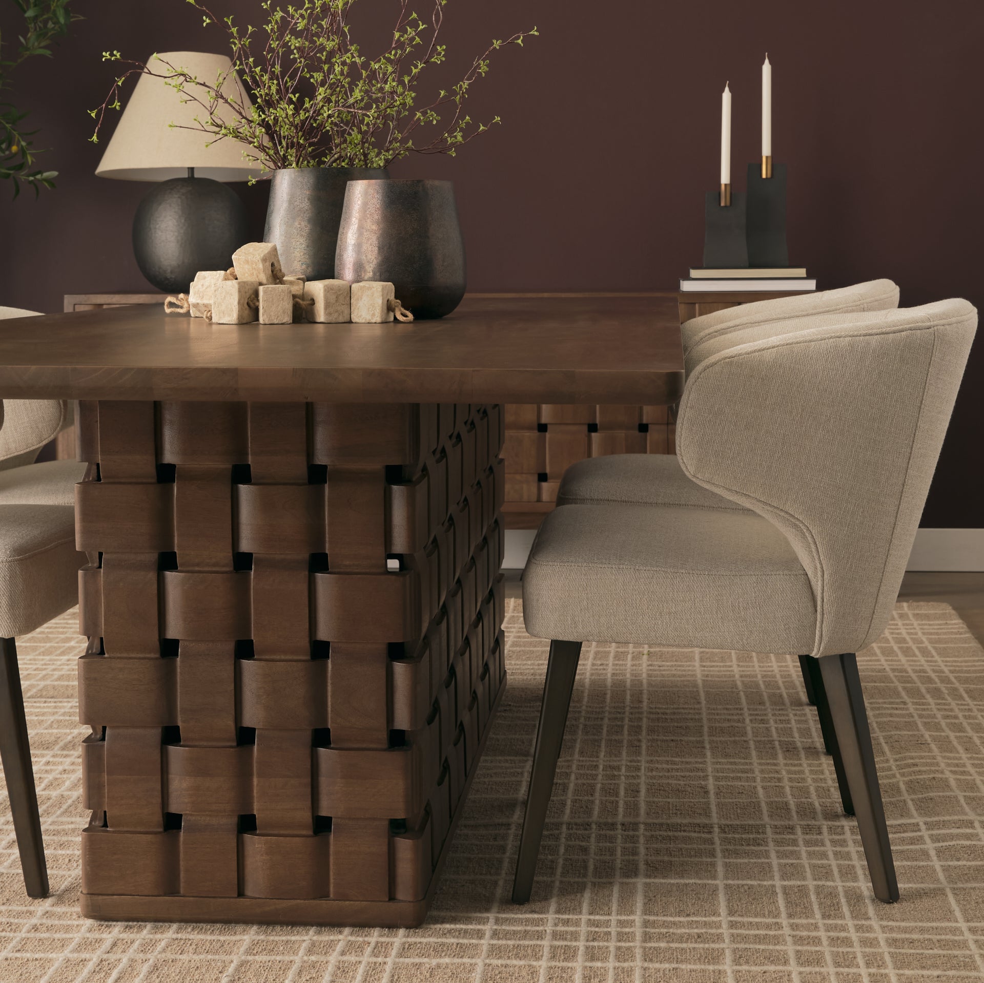 Trellyn 94" Dark Brown Solid Wood Carved Woven Base Rectangular Dining Table - Central Designs
