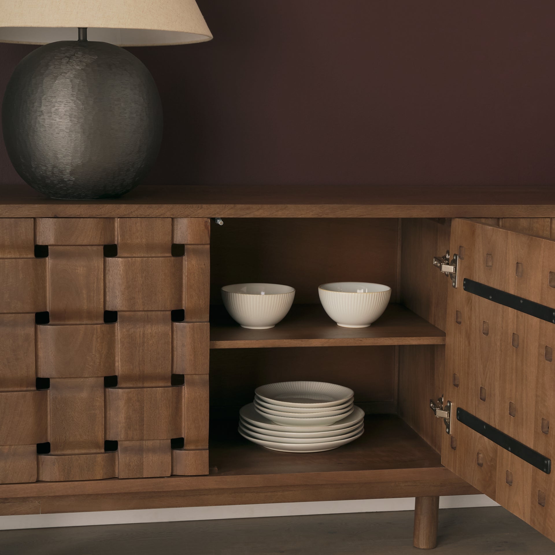 Trellyn Dark Brown Solid Wood 4 - Door w/ Carved Woven Doors Closed Sideboard - Central Designs