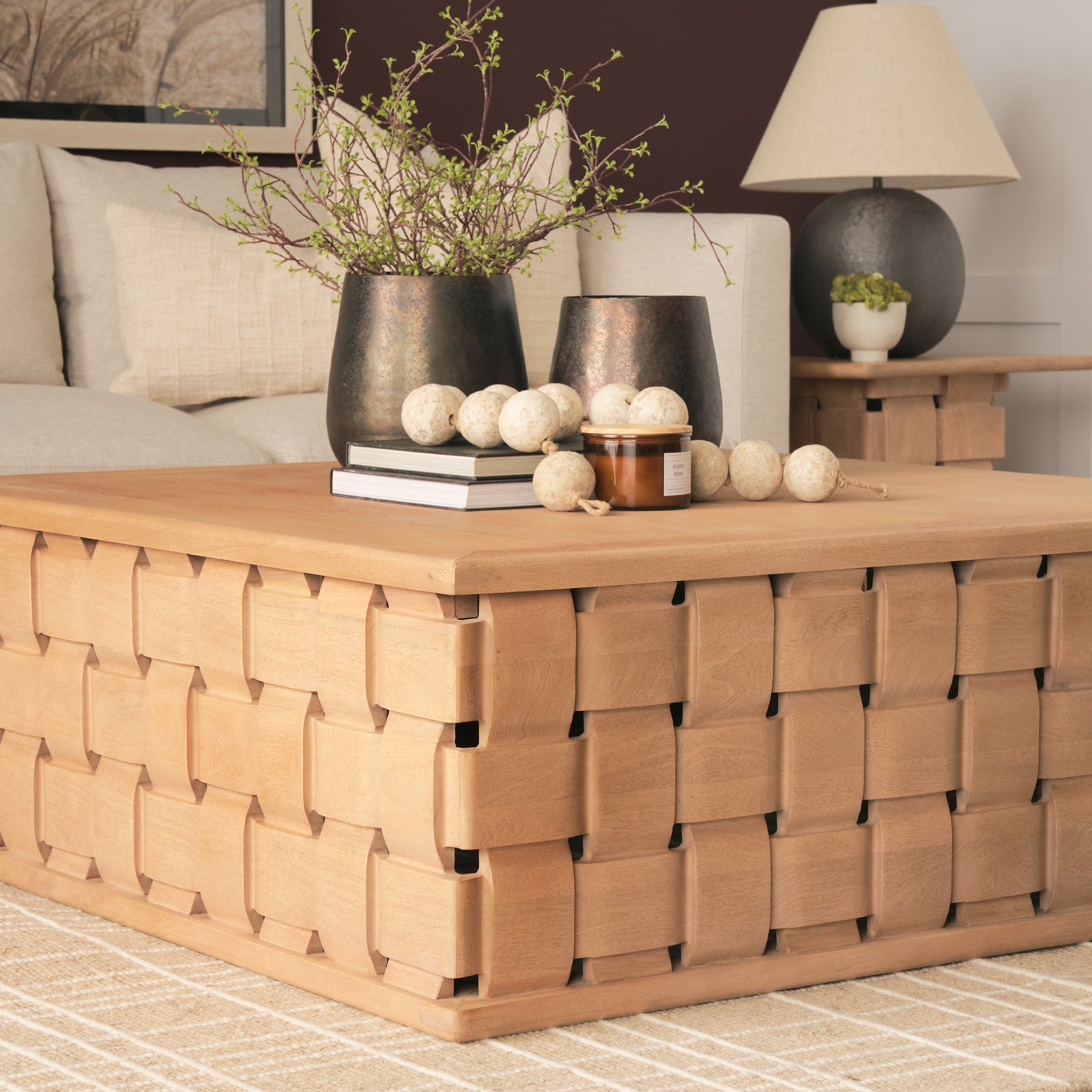 Trellyn 48" Light Brown Wood w/ Carved Woven Base Square Coffee Table - Central Designs