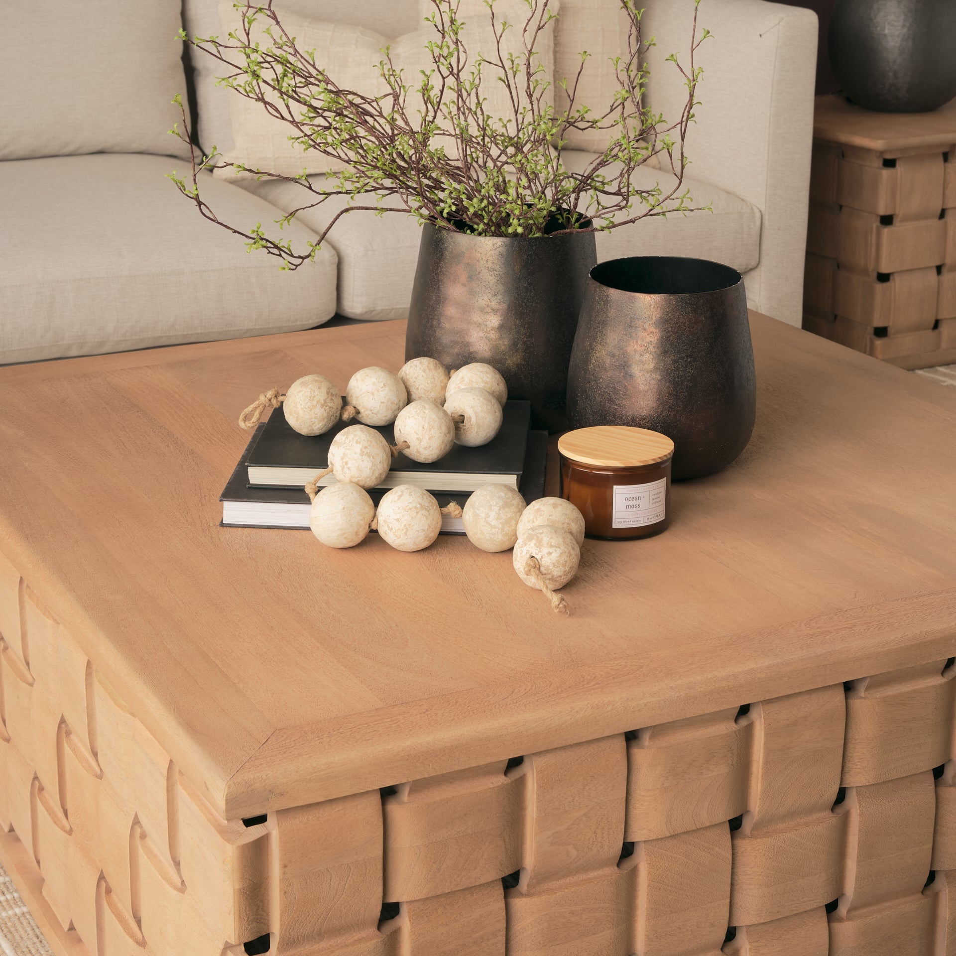 Trellyn 48" Light Brown Wood w/ Carved Woven Base Square Coffee Table - Central Designs
