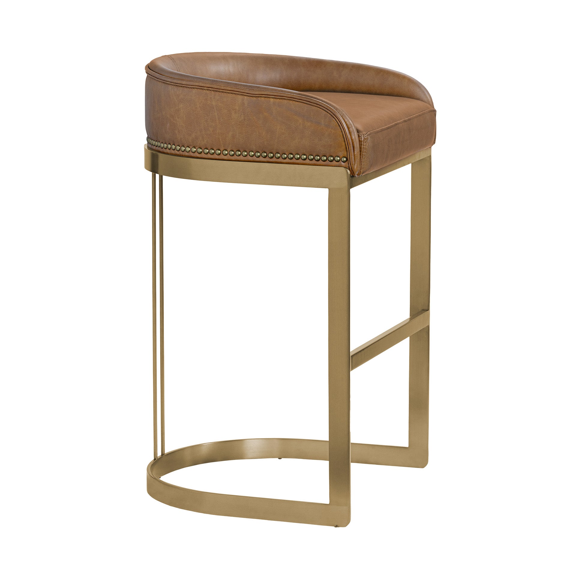 Hollyfield II Brown Leather Seat Gold Metal Base Bar Stool - Central Designs