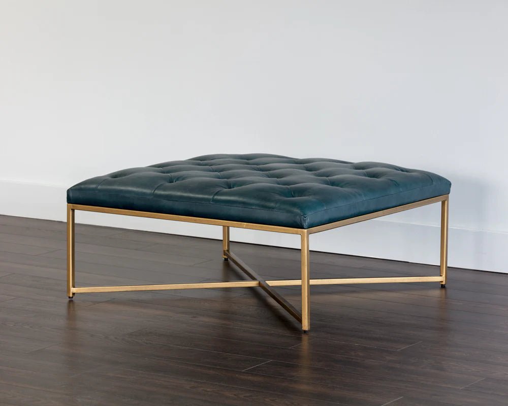 Endall Ottoman - Antique Brass - Vintage Peacock Leather - Central Designs