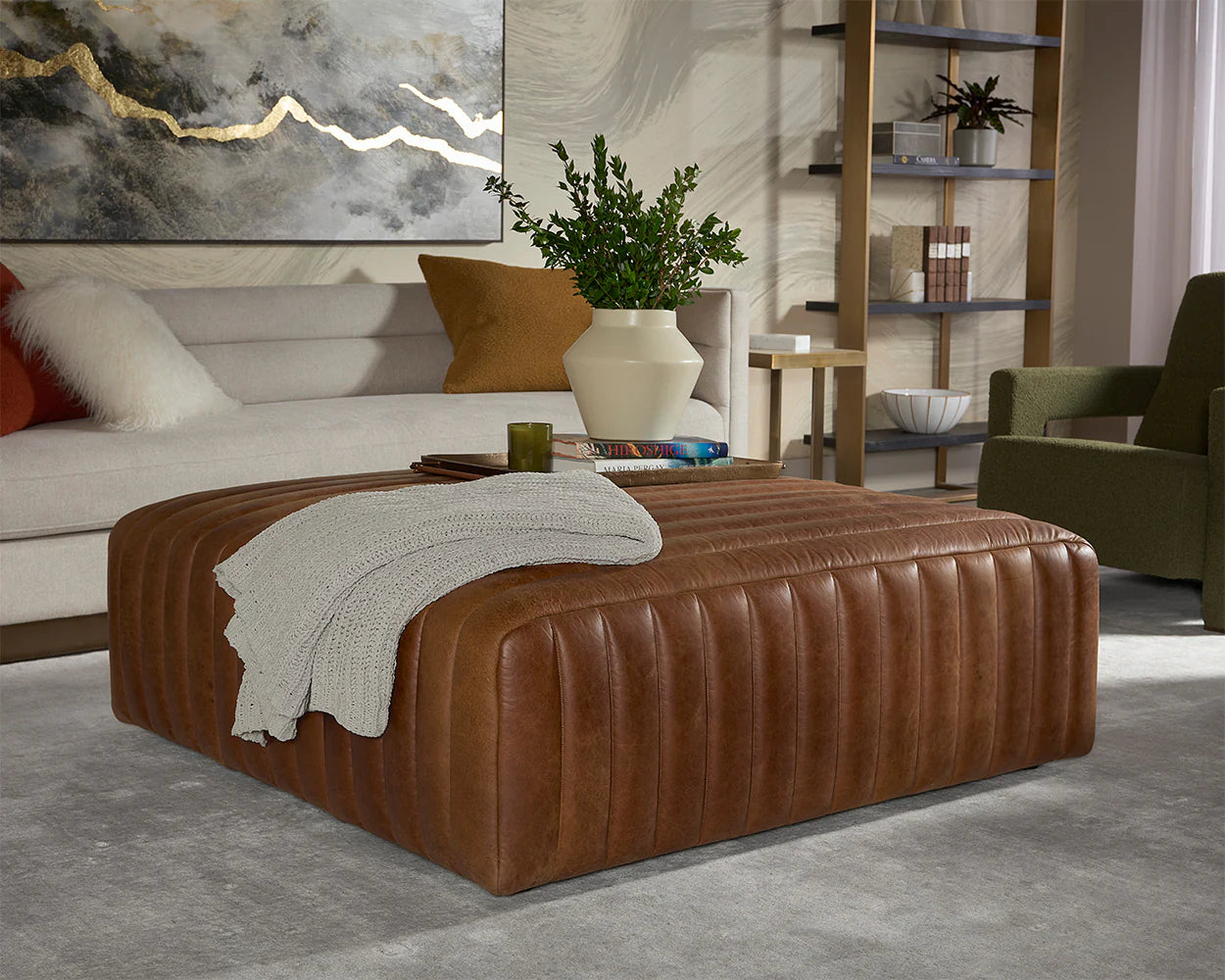 Lewin Ottoman - Square - Lucia Tobacco Leather