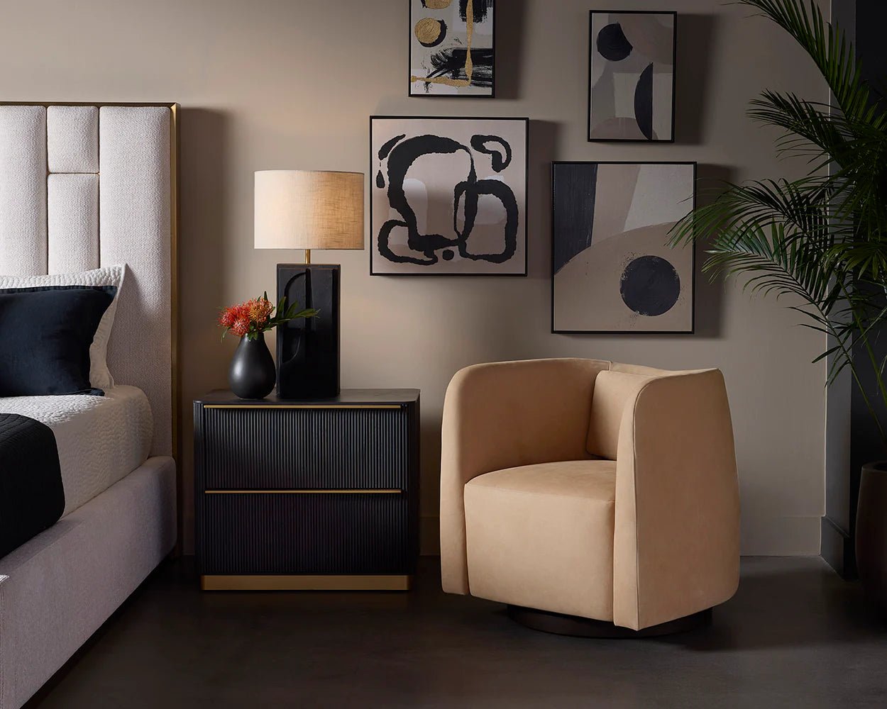 Emilie Swivel Lounge Chair - Nubuck Tan Leather - Central Designs