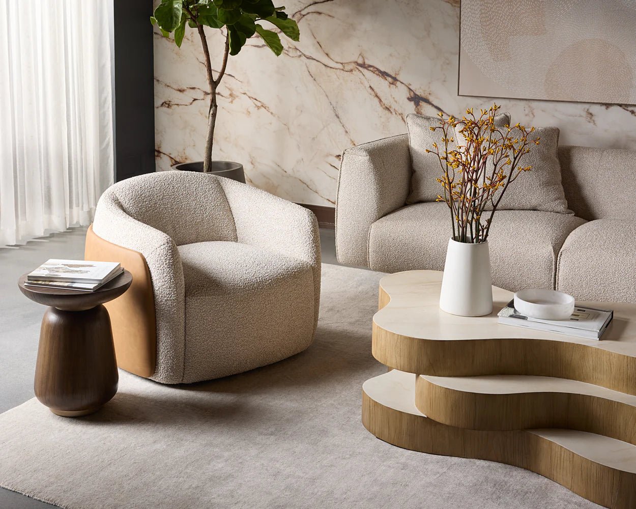 Caris Swivel Lounge Chair - Santa Cruz Oatmeal / Milliken Cognac - Central Designs