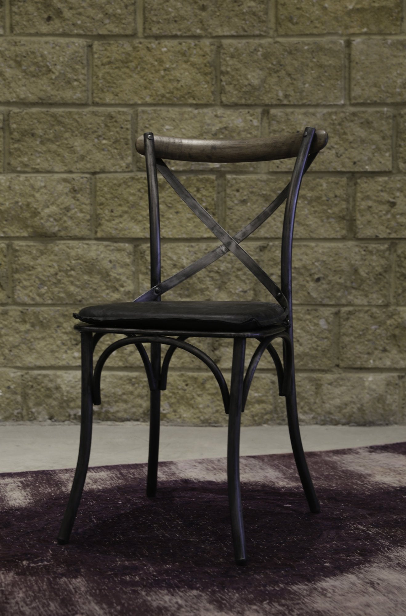 Metal Crossback Leather Cushion Seat - Antique Black - Central Designs