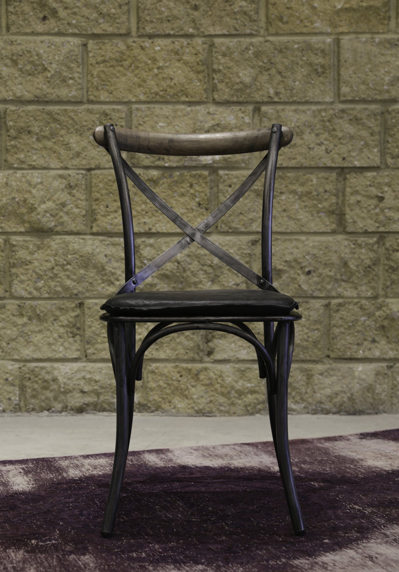Metal Crossback Leather Cushion Seat - Antique Black - Central Designs