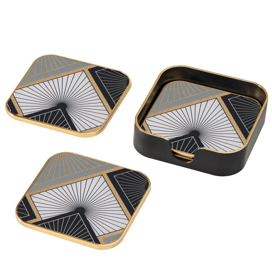 Savoy Gold Trim 4 Piece Square Coaster Set - Radiant Tile - Central Designs