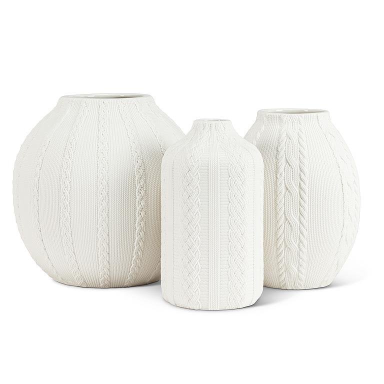 Knit & Cabled Slim Vase - Matte Wht - 6"H - Central Designs