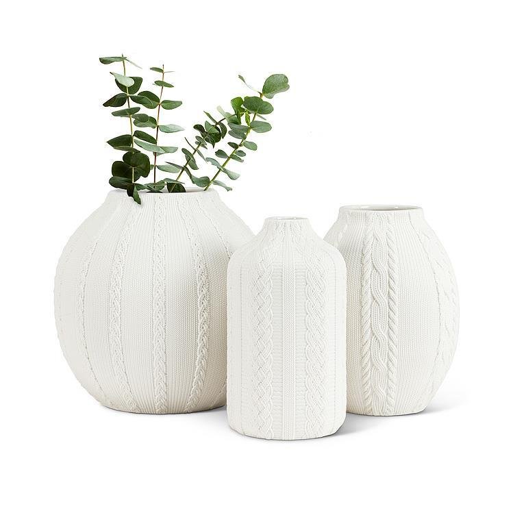 Knit & Cabled Slim Vase - Matte Wht - 6"H - Central Designs
