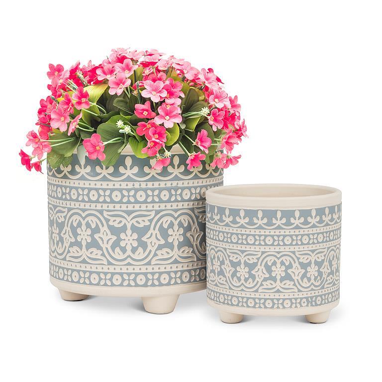 Sm Blue Stencil Planter - 4.5"H - Central Designs