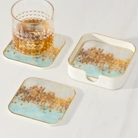 Savoy Gold Trim 4 Piece Square Coaster Set - Blue Mirage - Central Designs
