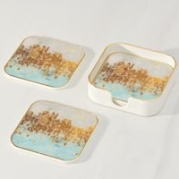 Savoy Gold Trim 4 Piece Square Coaster Set - Blue Mirage - Central Designs