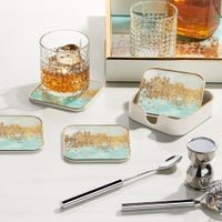 Savoy Gold Trim 4 Piece Square Coaster Set - Blue Mirage - Central Designs